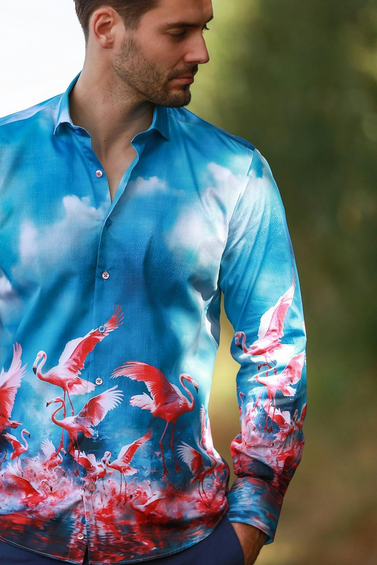 Claudio Lugli Pink/Blue/Coral Sky Flamingo Placement Print Shirt - Sky - Xxl