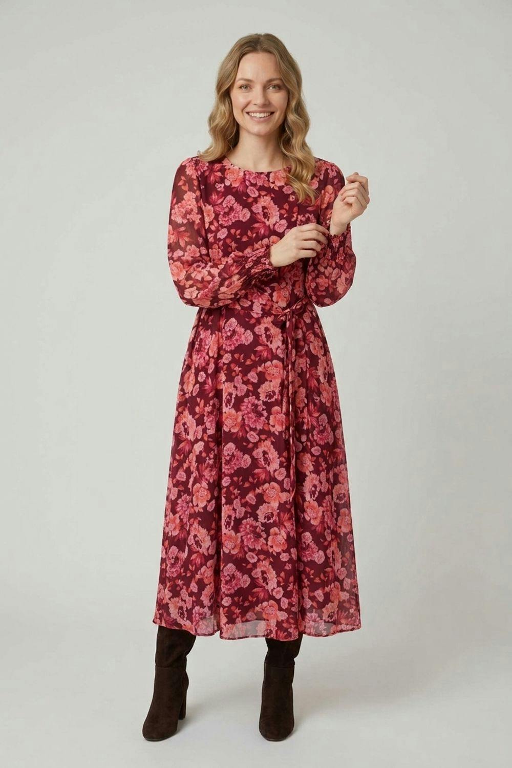 Izabel London Red Floral Laye Long Sleeve Maxi Dress - 10