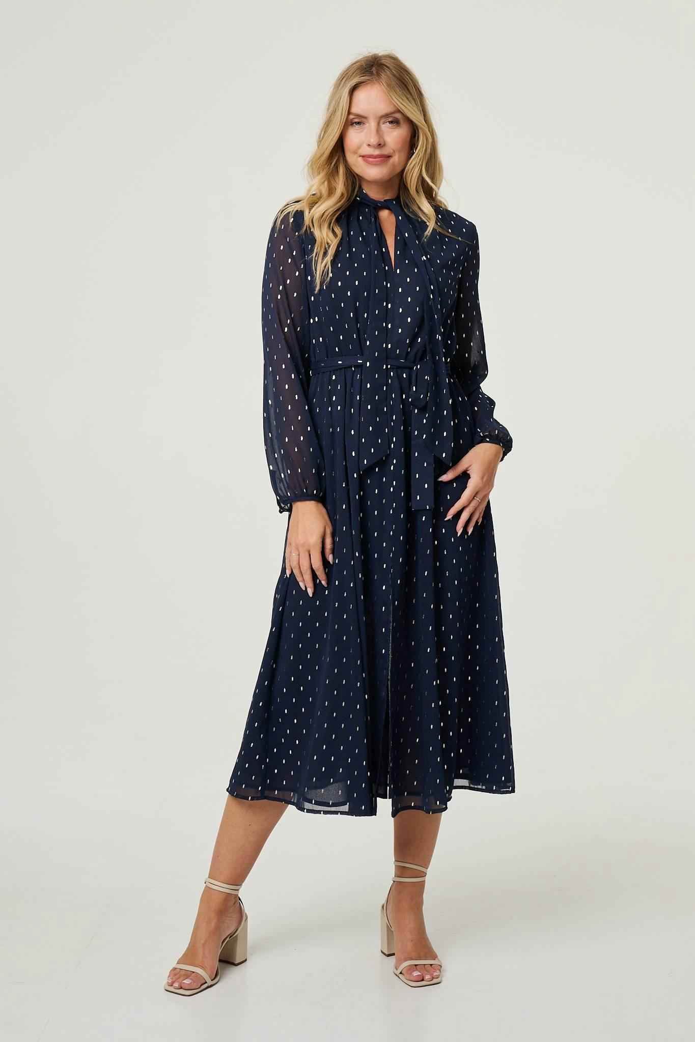 Izabel London Light Polka Dot Print Long Sleeve Midi Dress - 18 - Navy