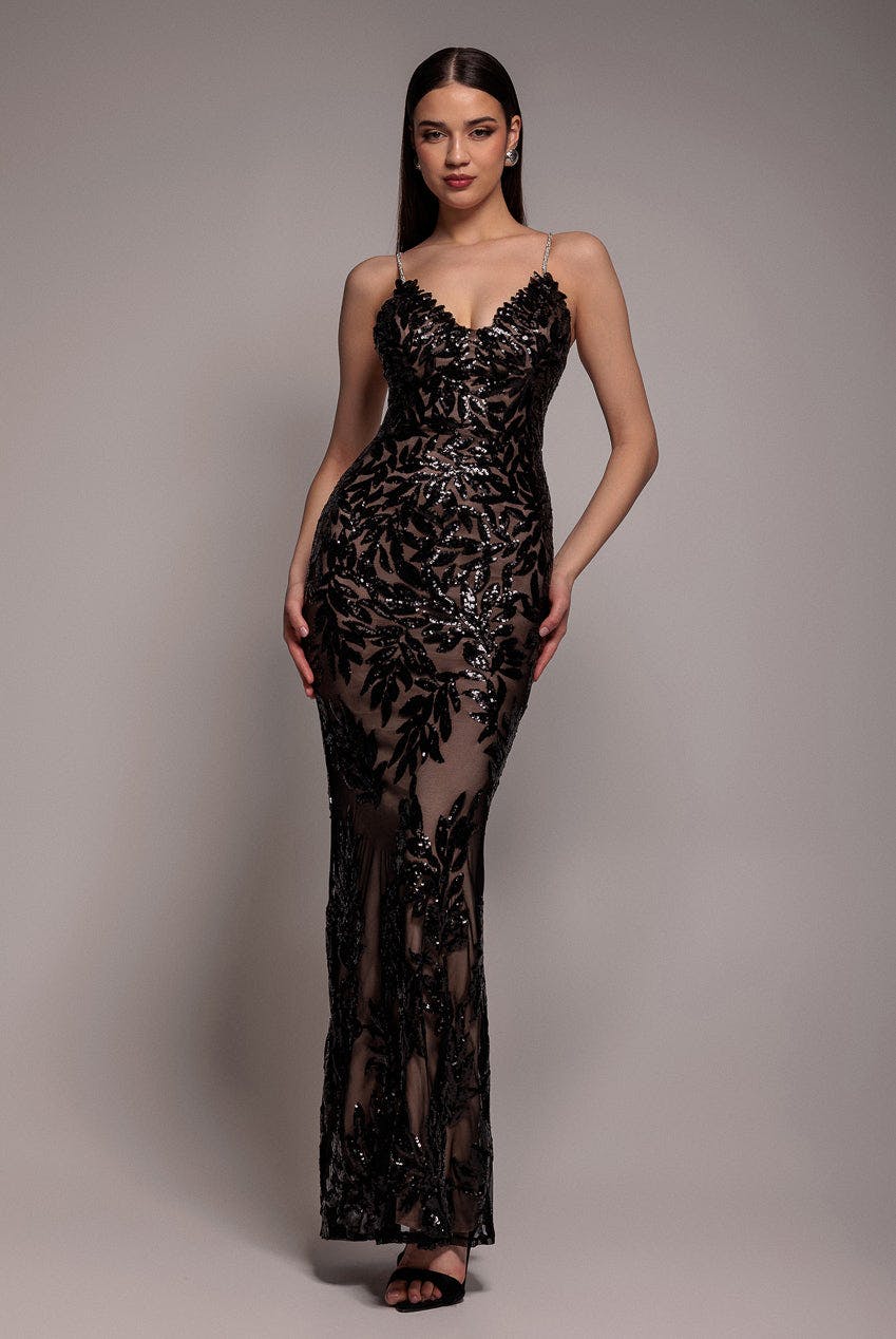 Goddiva Black Cross Back Diamante Strap Sequin Maxi - By - 16