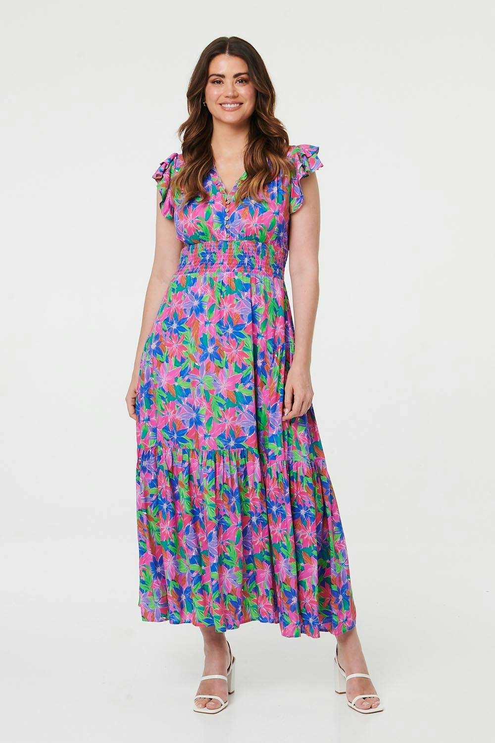 Izabel London Blue Floral Shirred Cap Sleeve Maxi Dress - 10