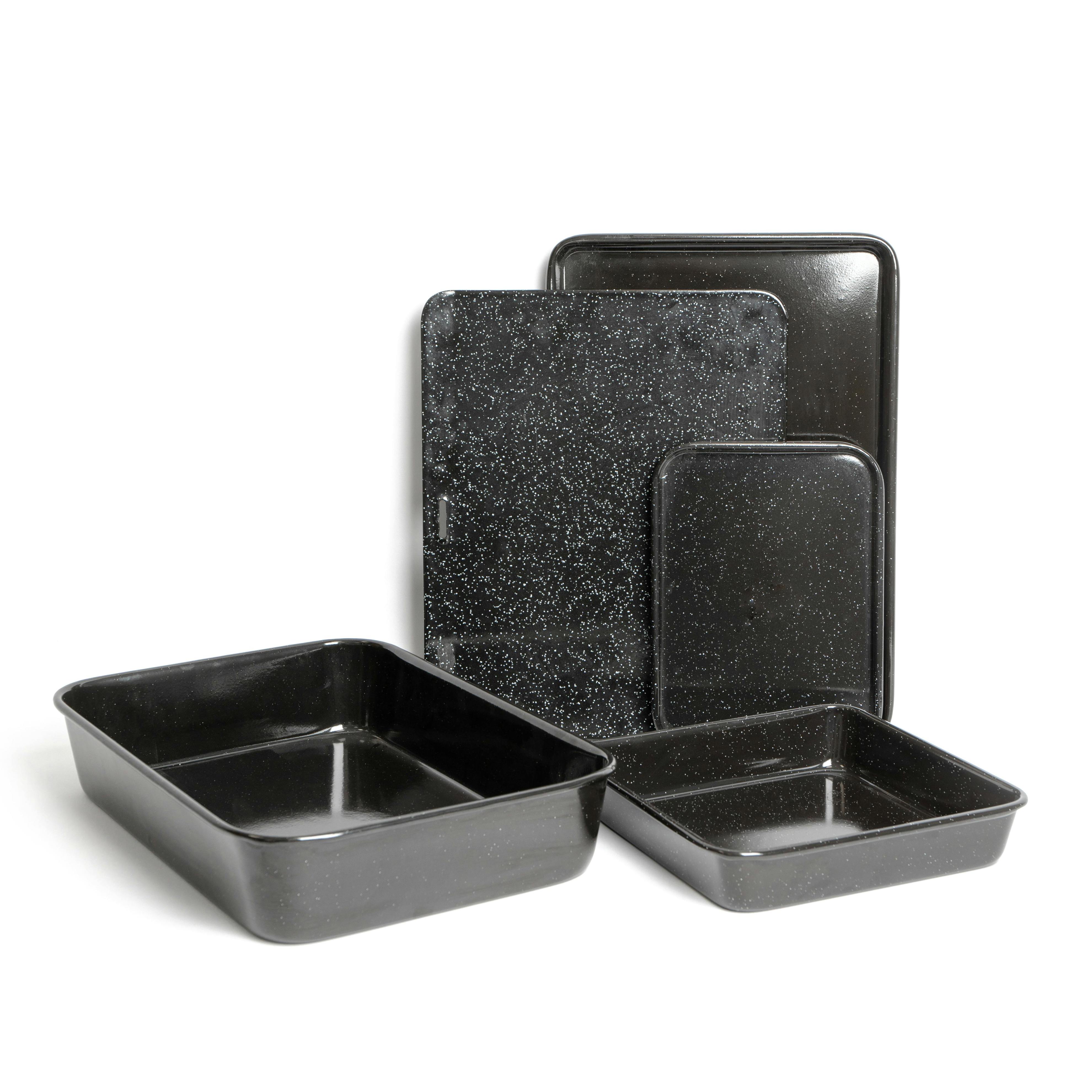 Rackhams Black 5Pc Vitreous Enamel Non-Stick Cookware Set With 1X Roasting Pan And 4X Baking Trays - Carbon Steel - Roasting Pans