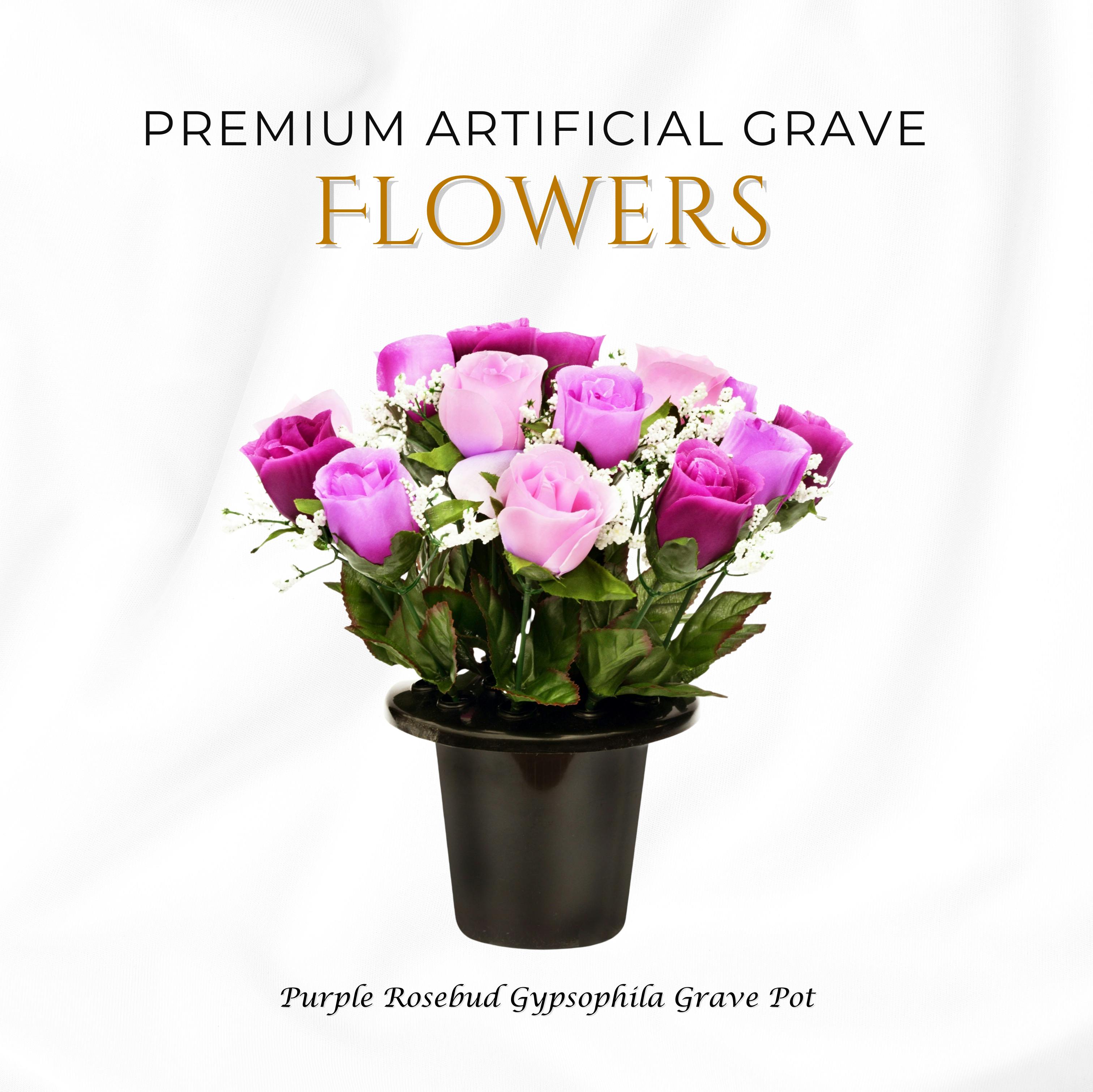 Rackhams Purple Premium Artificial Grave Flowers – 25Cm Rosebud With Gypsophila | Memorial Vase Pot