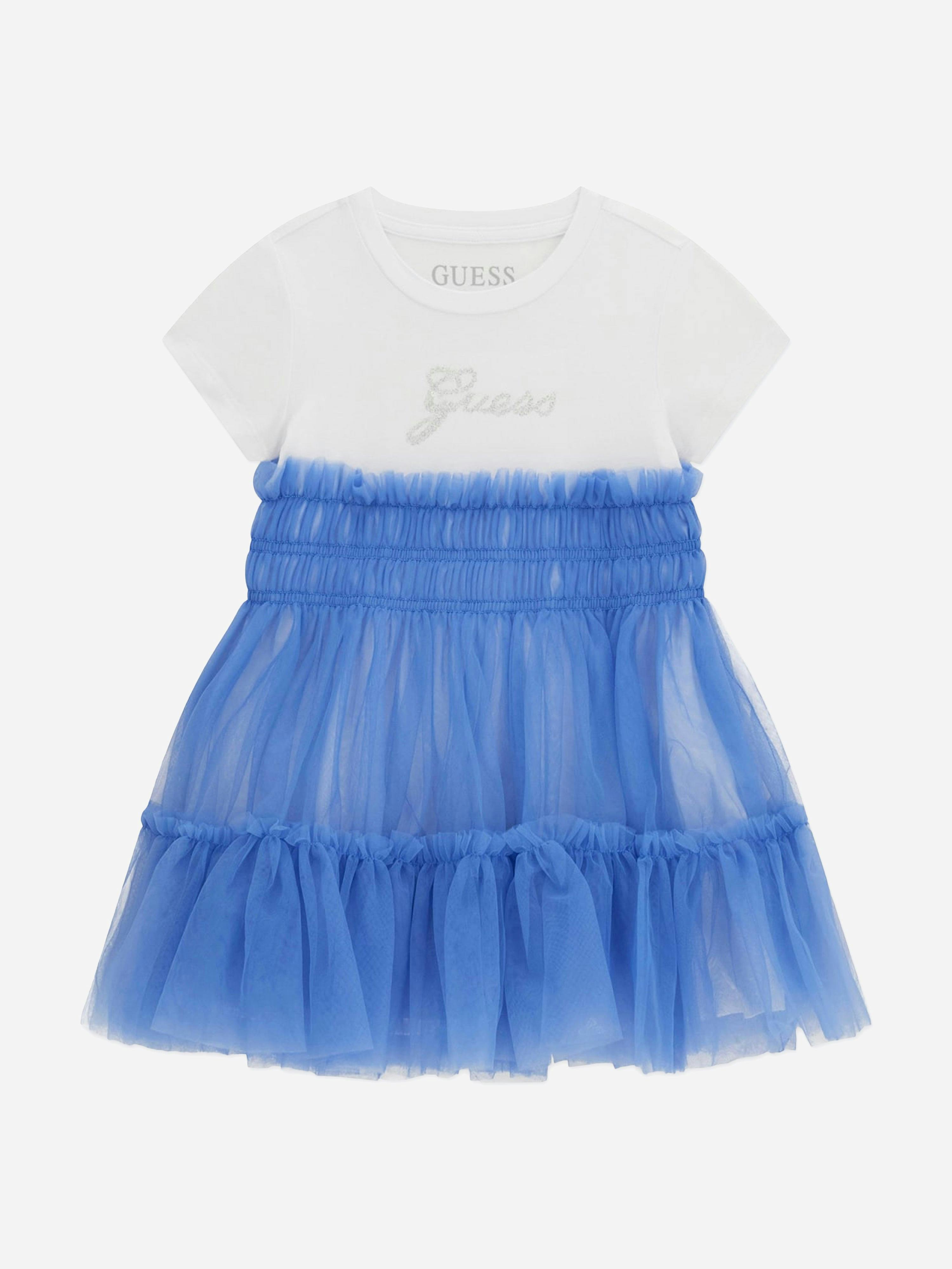 Guess Girls Blue Mixed Fabric Dress In - 6 Yrs