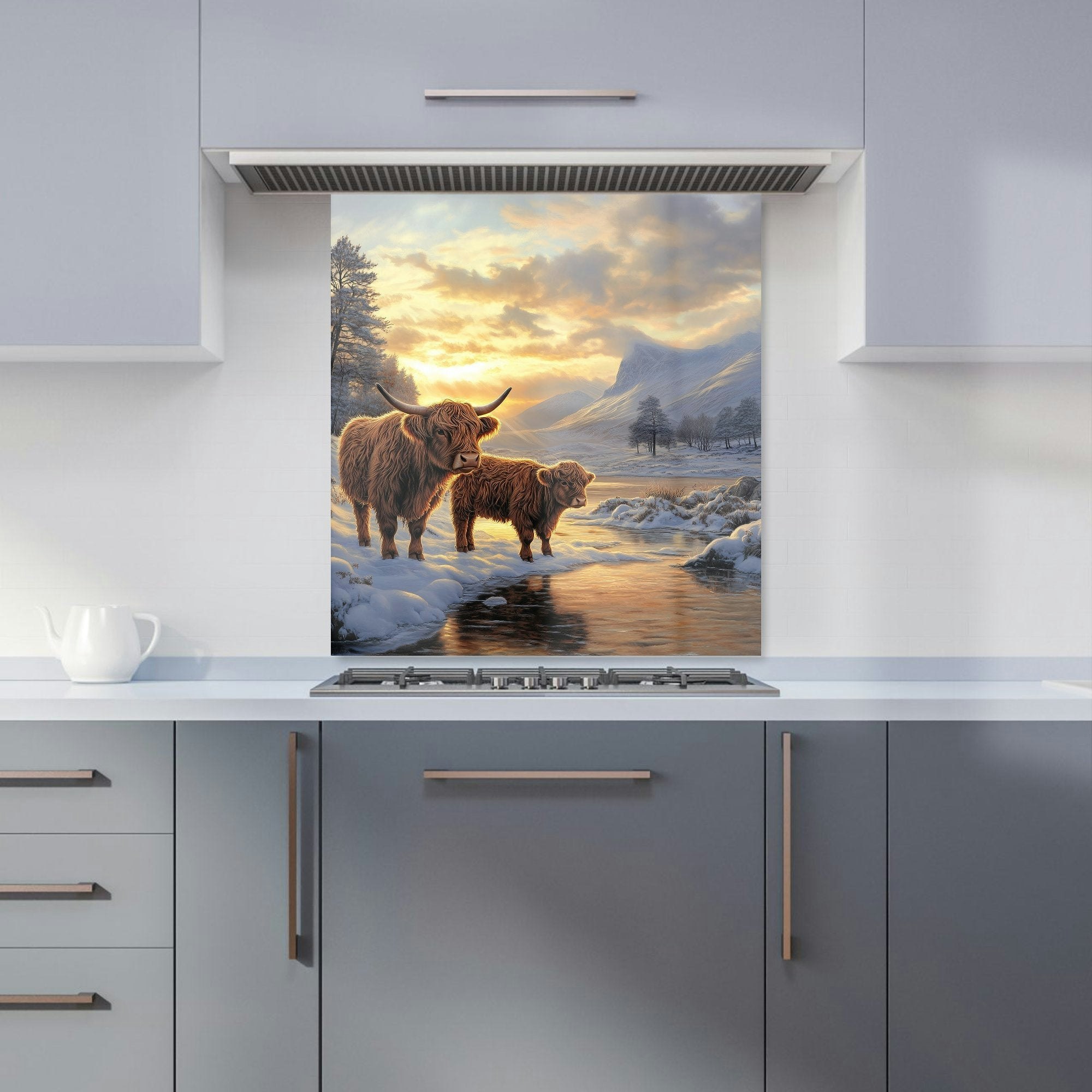 Warren Reed - Designer Highland Cows By The Lake Kitchen Splashback - W700mm X H750mm