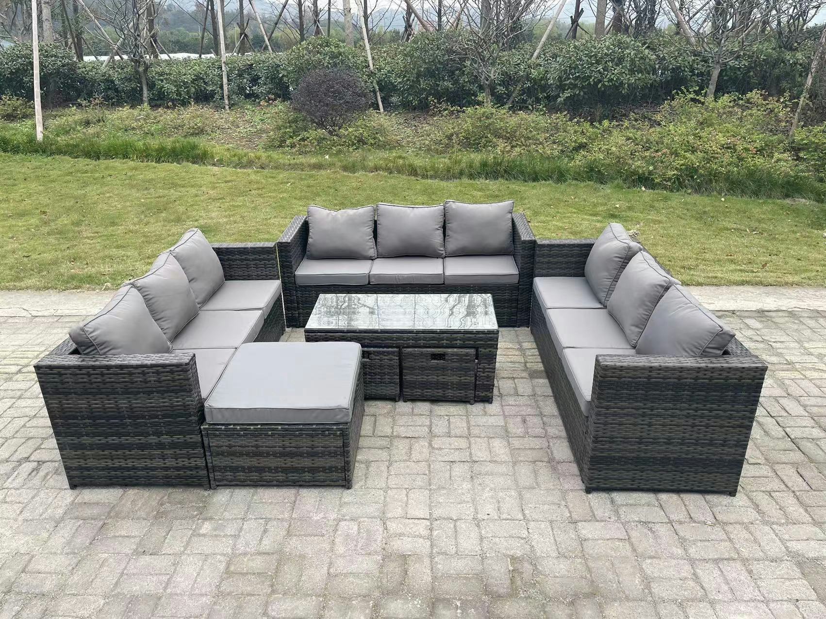 Rackhams Dark/Grey Outdoor Rattan Garden Furniture Lounge Sofa Set With Oblong Rectagular Coffee Table Big Footstool And 2 Small Stools