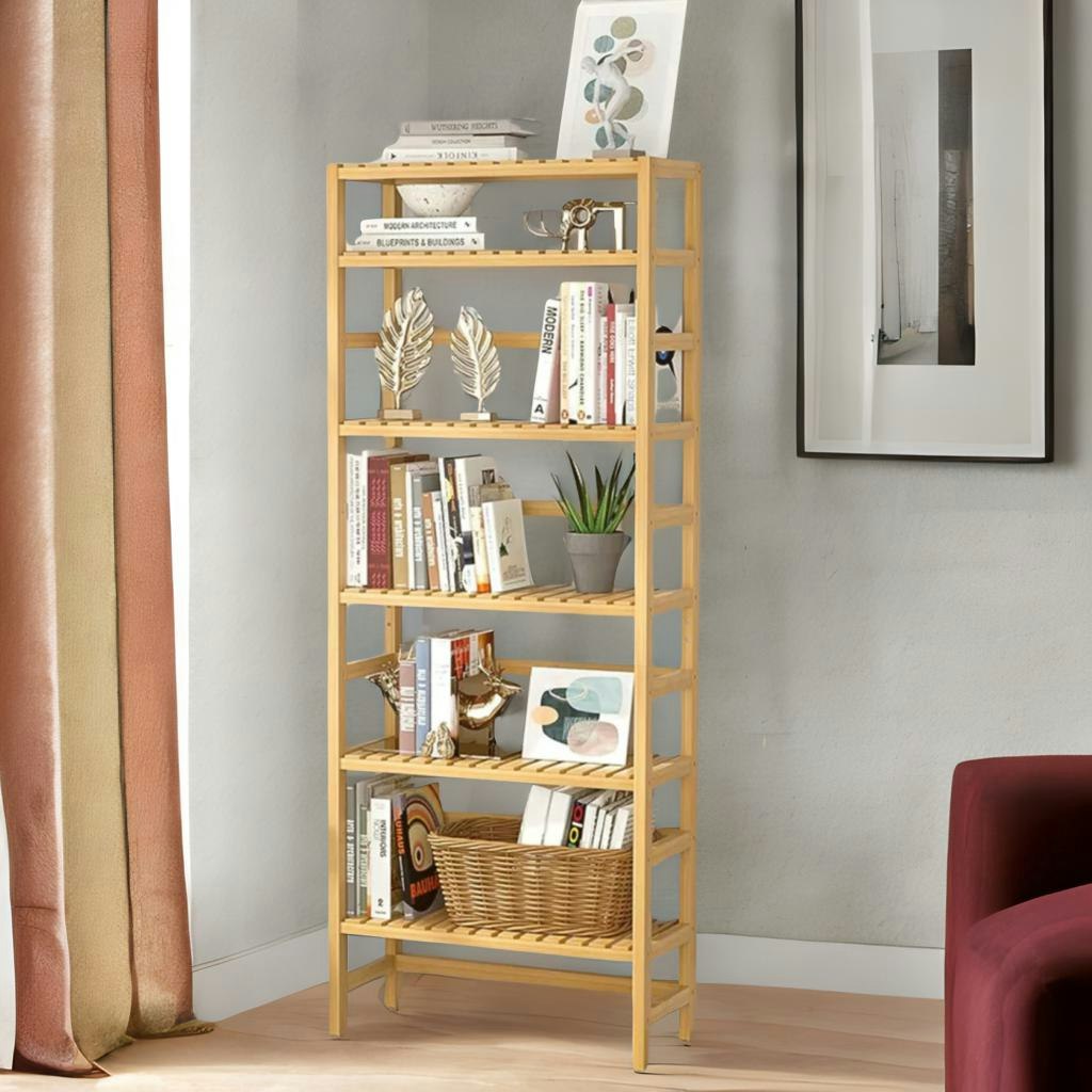 Bmbo Brown 6 Tier Wooden Storage Rack With Adjustable Shelves Natural