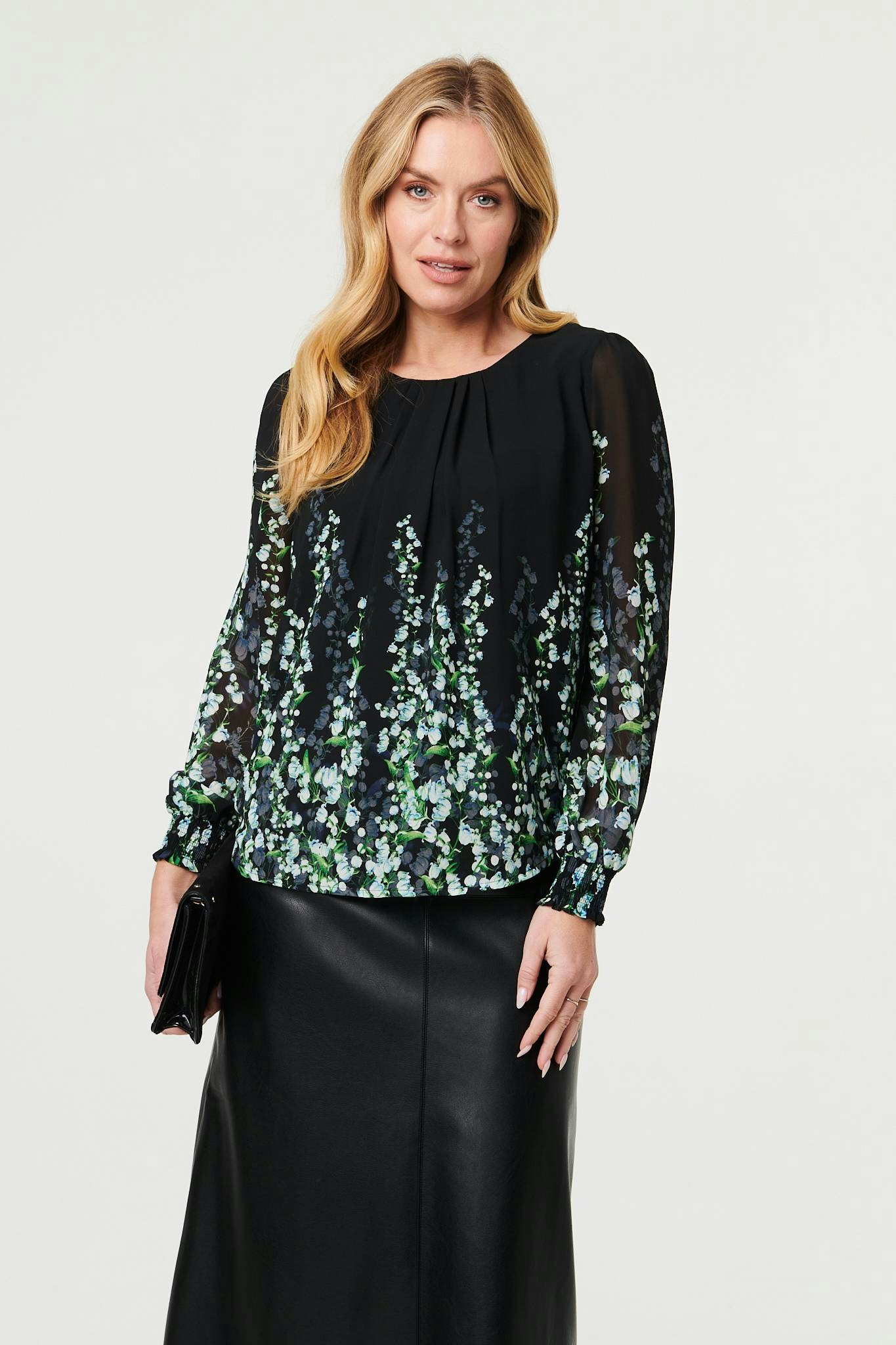 Izabel London Black Floral Long Sleeve Semi Sheer Blouse - 10