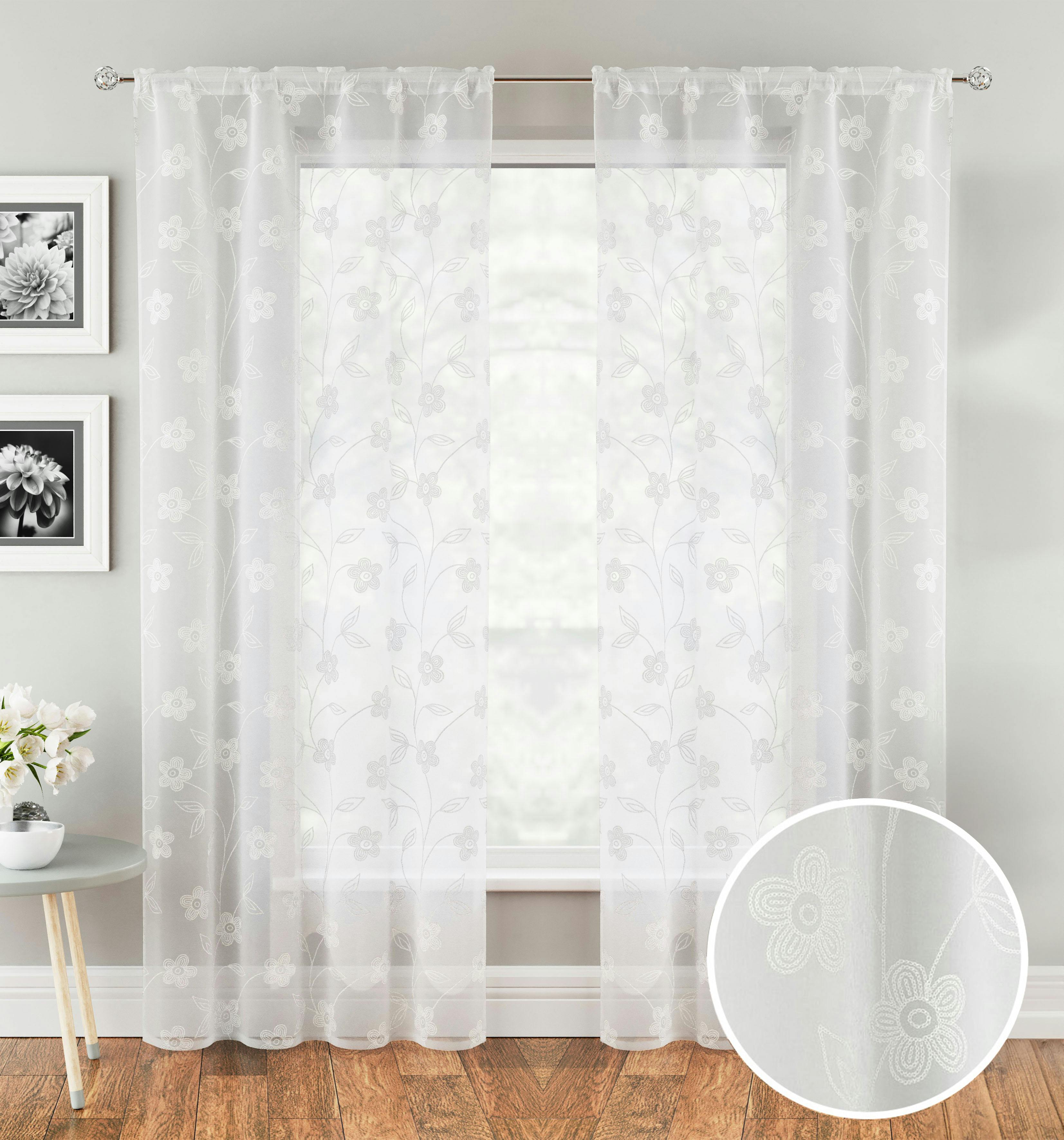 Rackhams White Embroidery-Look Floral Print Voile Panel - Pair - 57" (145Cm) Width X 72" (183Cm) Drop