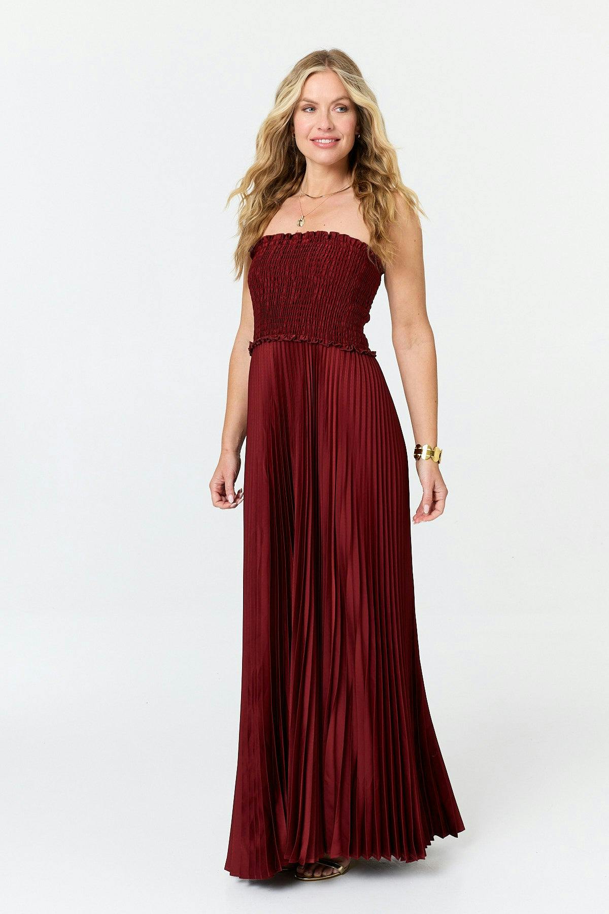 Izabel London Pleated Texture Strapless Maxi Dress - 10 - Rust