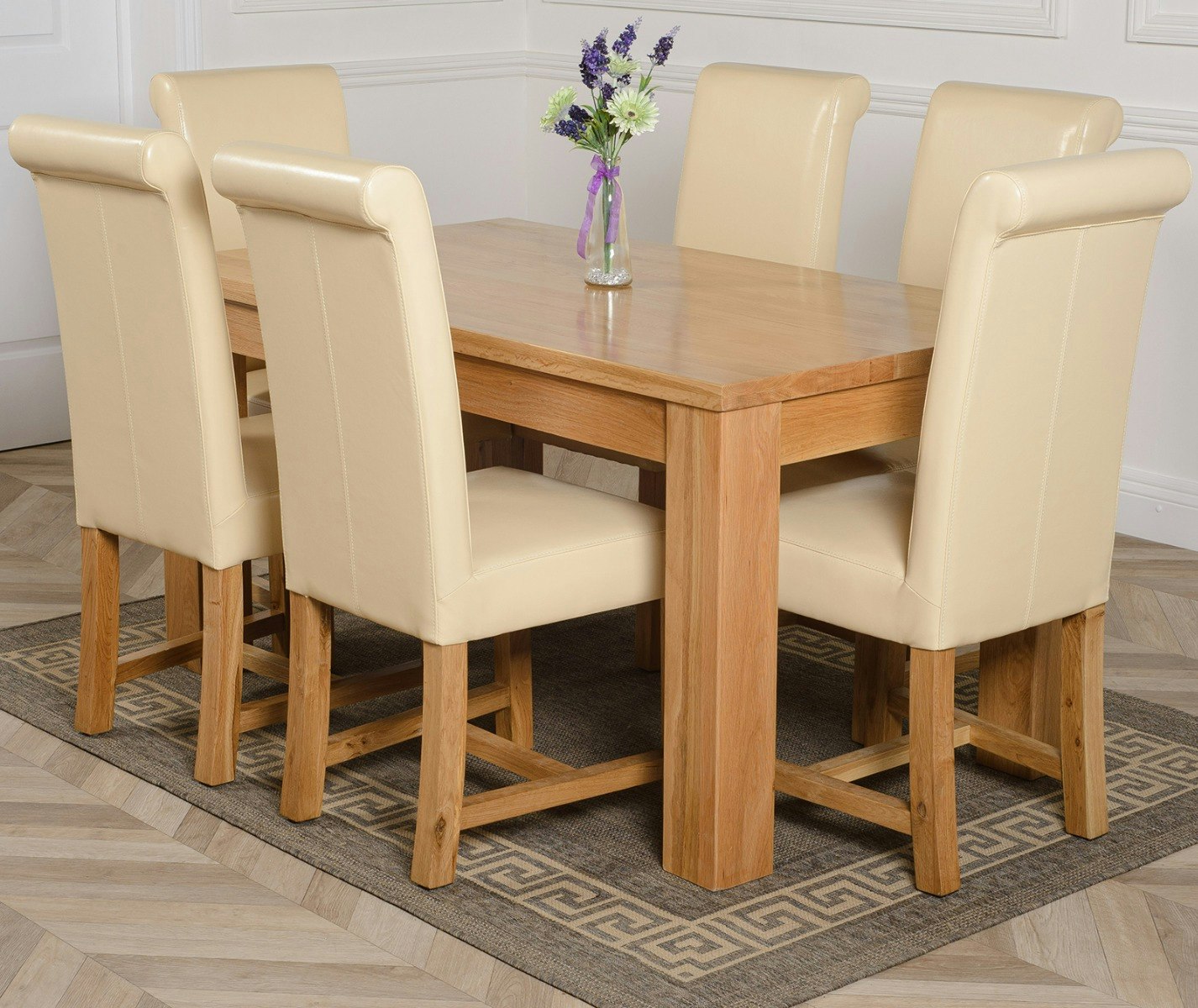 Rackhams Ivory Dakota Oak Dining Table With Washington Leather Chairs - 6 Chairs Medium