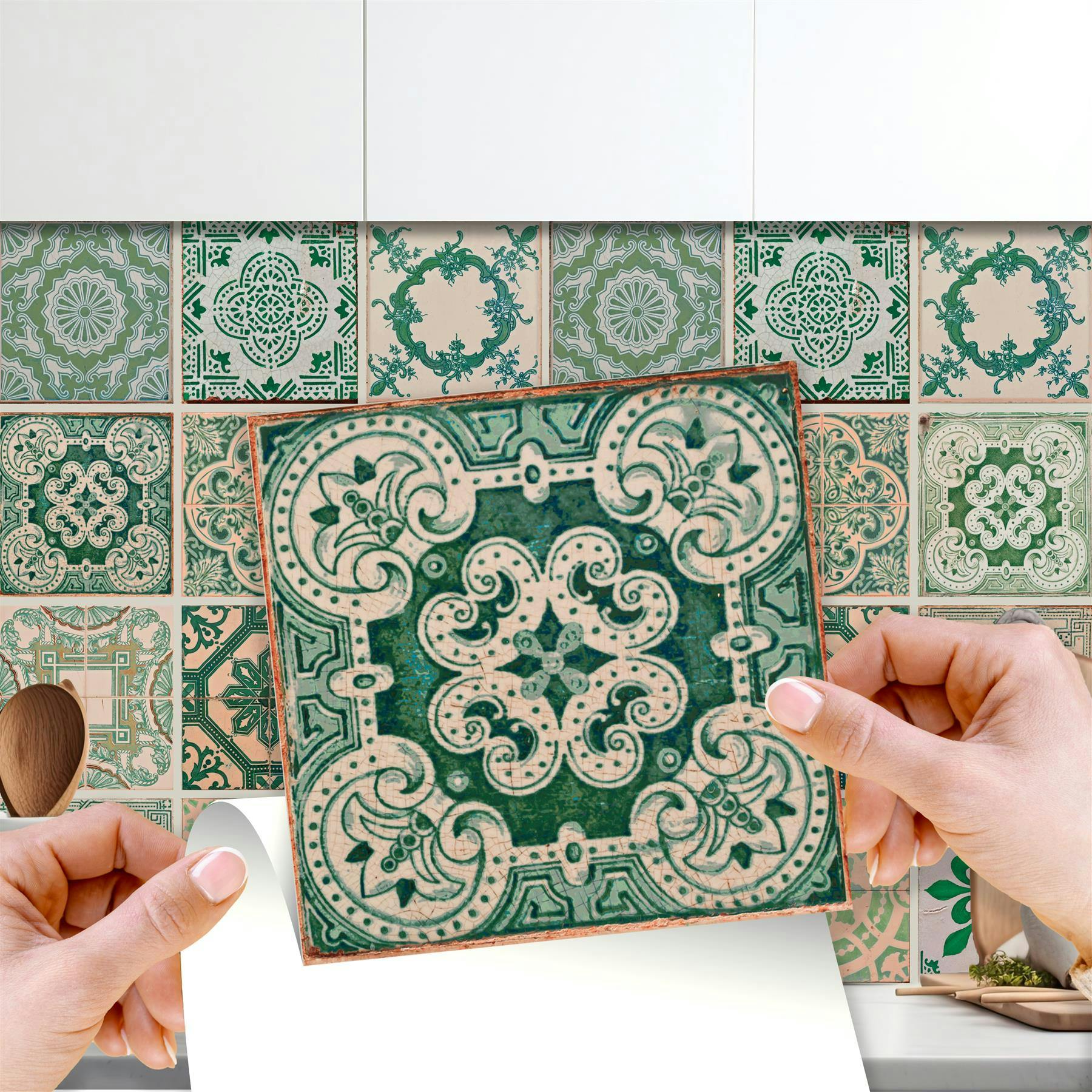 Walplus Green Wt1585 - Vintage Antique Azulejo Wall Tile Sticker Set - 15 X 15 Cm (6 X 6 In) - 24 Pcs