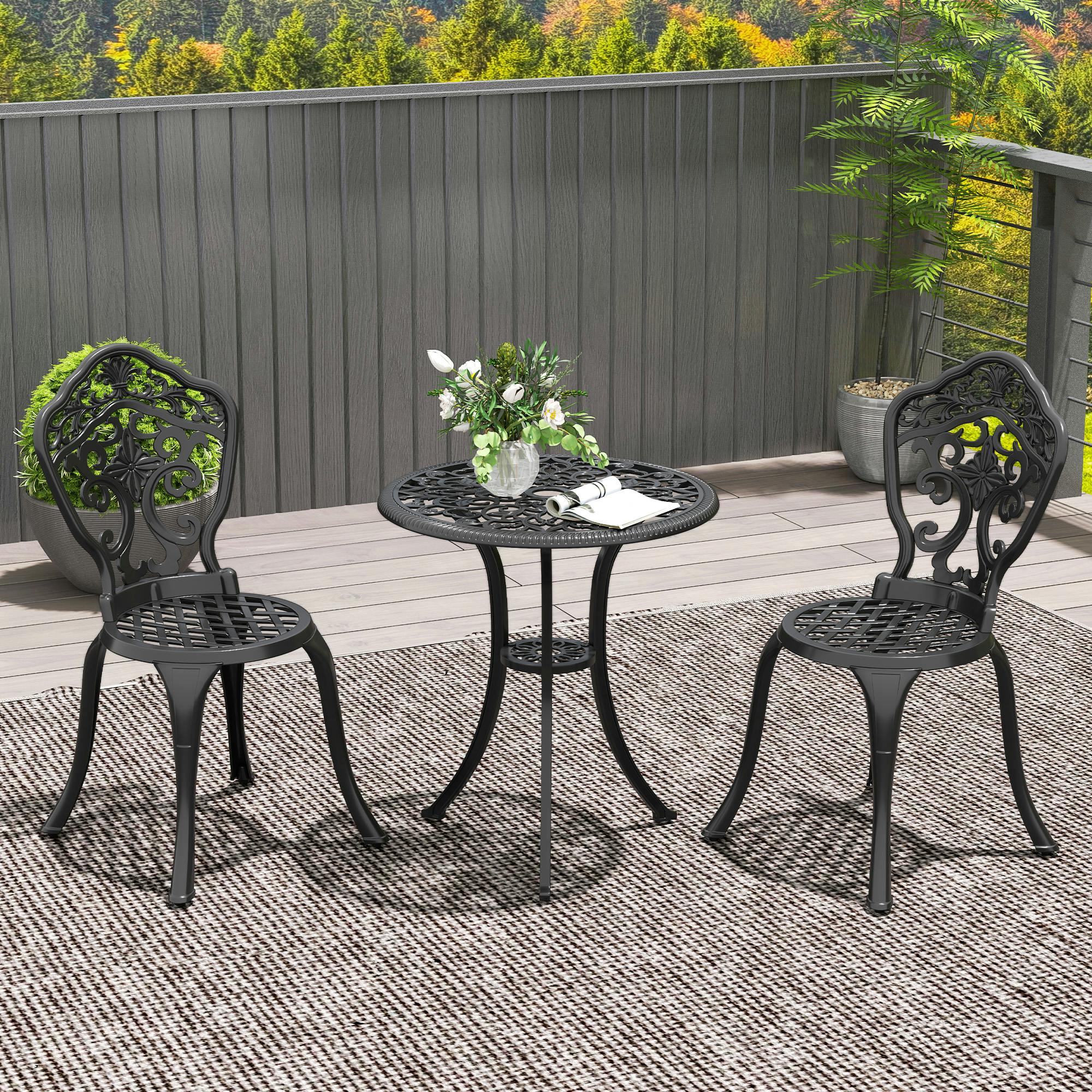 Rackhams Black 3 Pcs Cast Aluminium Bistro Set W/ Parasol Hole For Balcony,