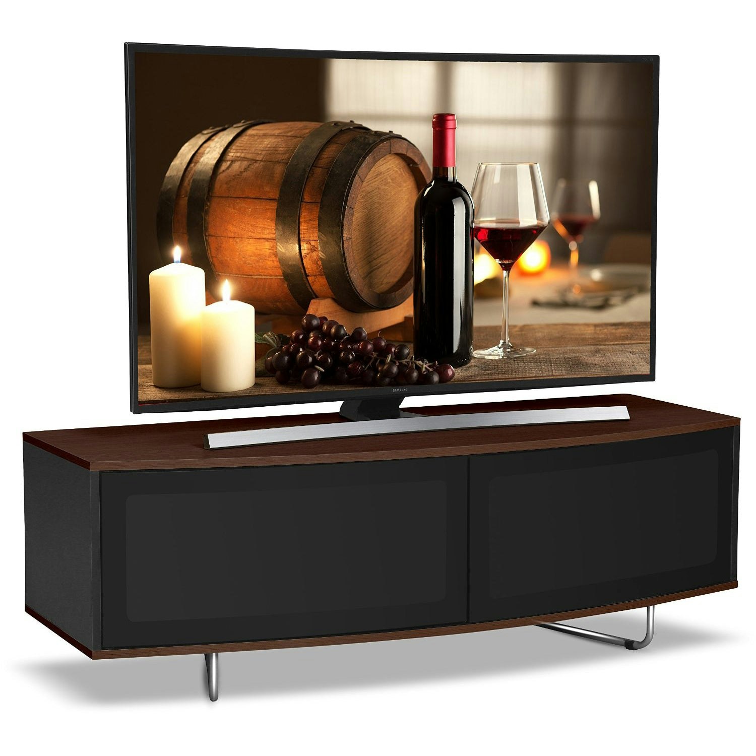 Centurion Supports Black Caru Gloss And Walnut Beam-Thru Remote Friendly Super-Contemporary "D" Shape Design 32"-65" Led/Oled/Lcd Tv Cabinet