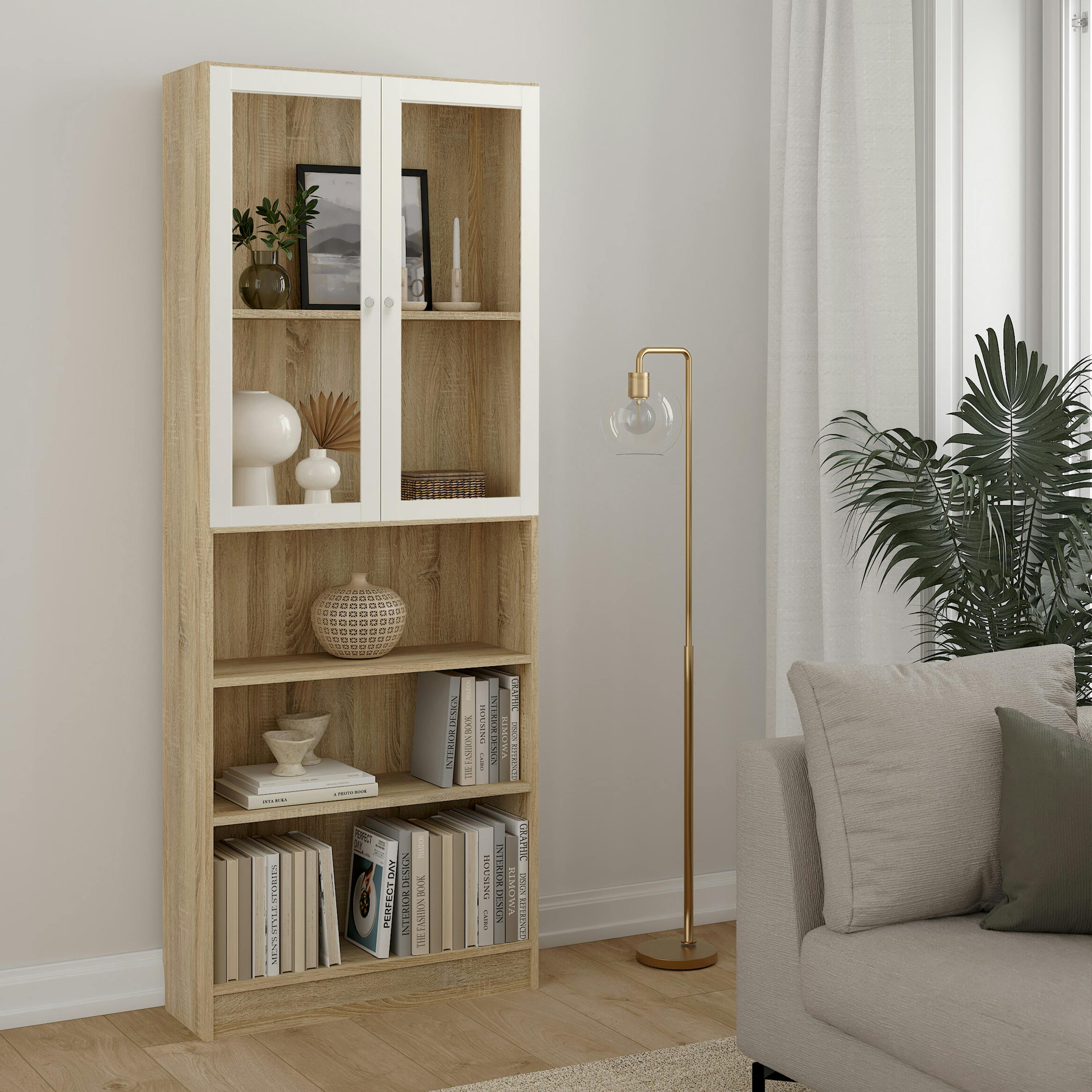 Furniture To Go Basic Tall Wide Display Cabinet (4 Shelves) With 2 Glass Doors - Oak With White Doors / Oak With White Doors - Image 2