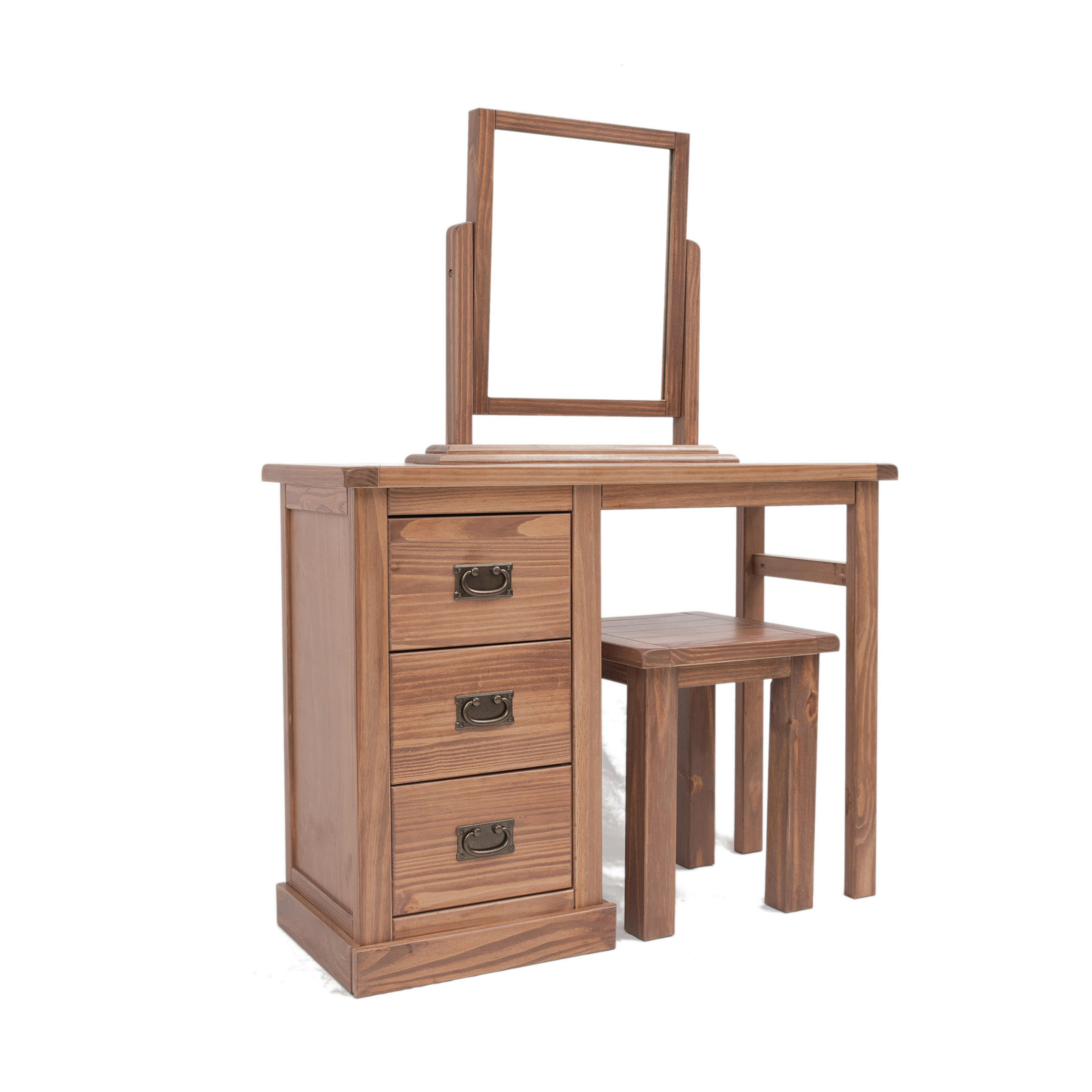 Rackhams Brown Tirolo 3 Drawer Dressing Table Set Brass Drop Handle