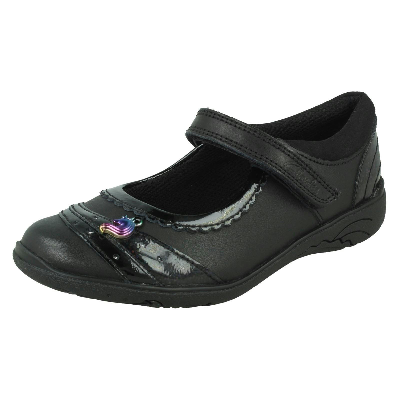 Clarks Girls Black Unicorn Charm School Shoes Relda Spark - Leather - Uk 8.5 Child - E