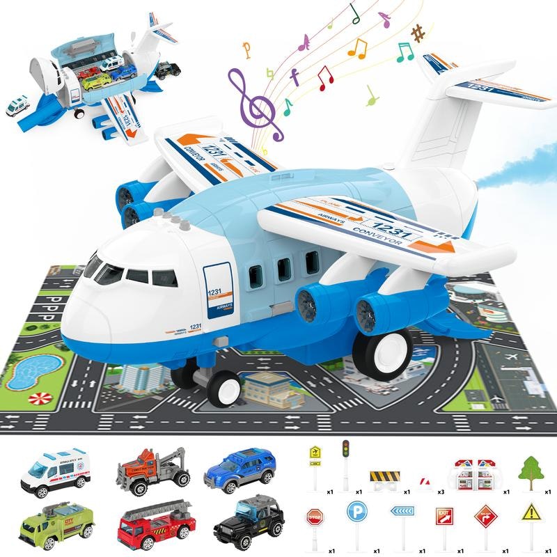 Deao Toys Blue/White Transport Cargo Airplane Car Track Toy Set With Music Lights And Spray - 3+ - &