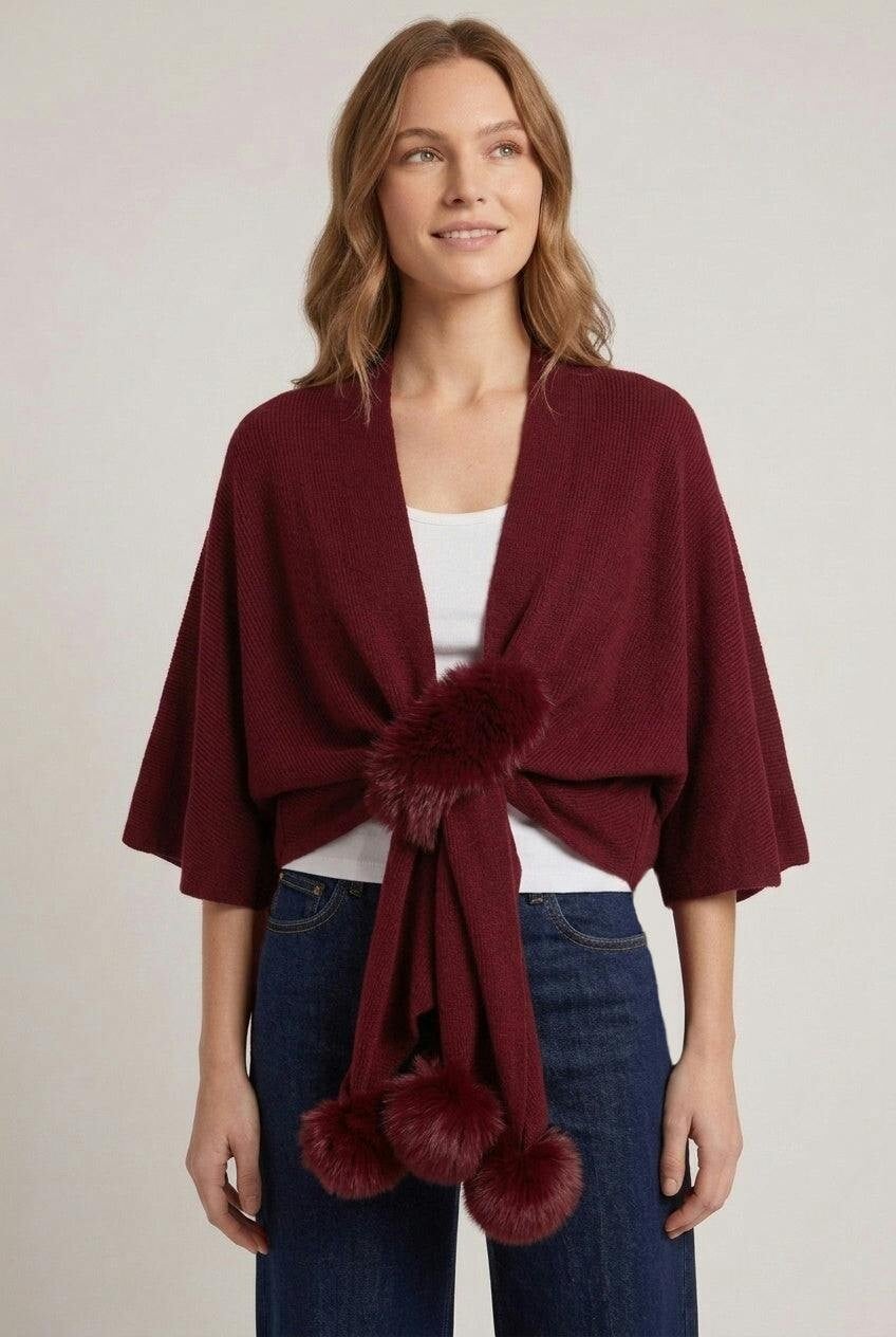 Izabel London Burgundy Faux Fur Trim Tie Front Relaxed Poncho - One