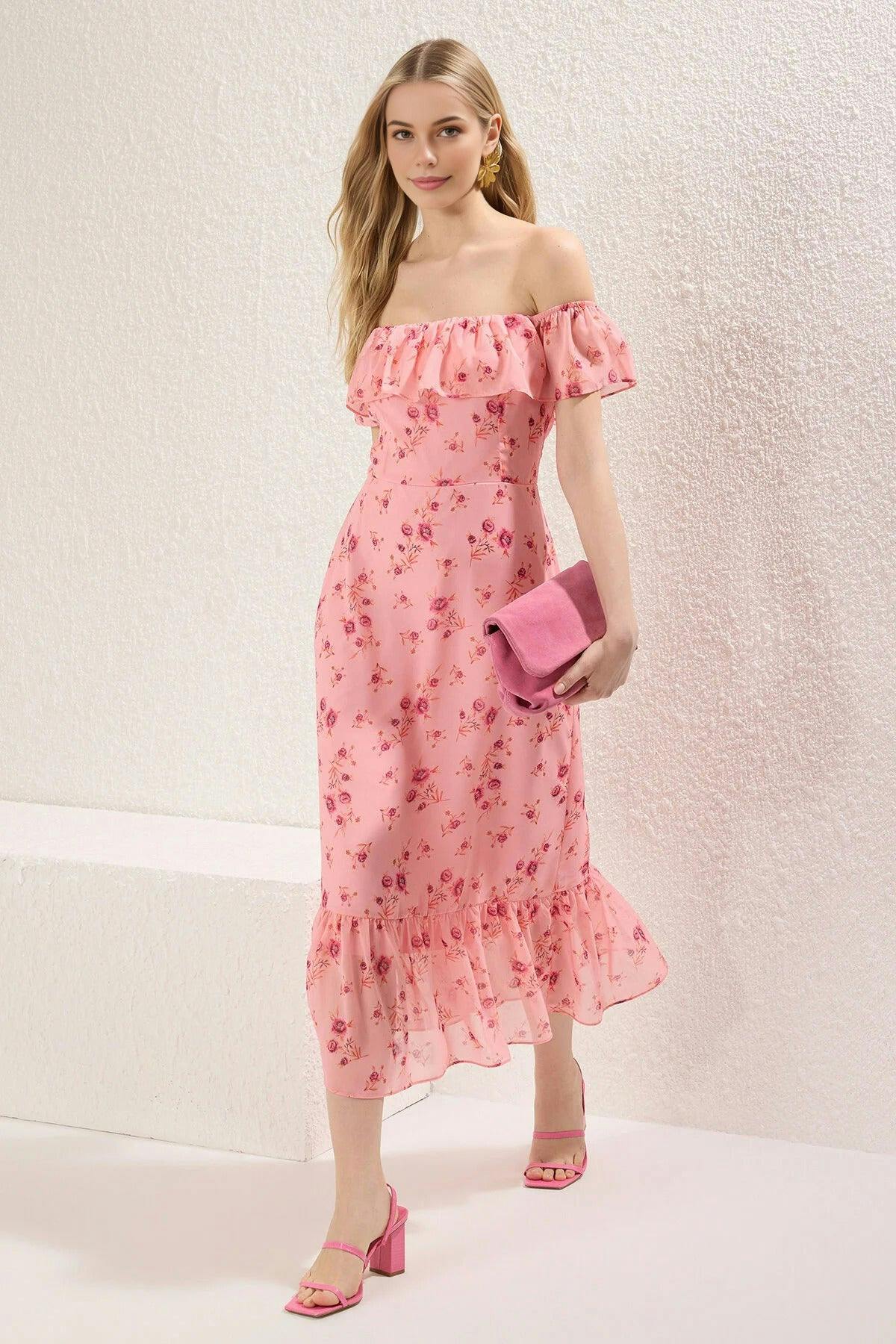 Wovcor Pink Floral Ruffled Chiffon Flowy Woven Midi Dress - 14