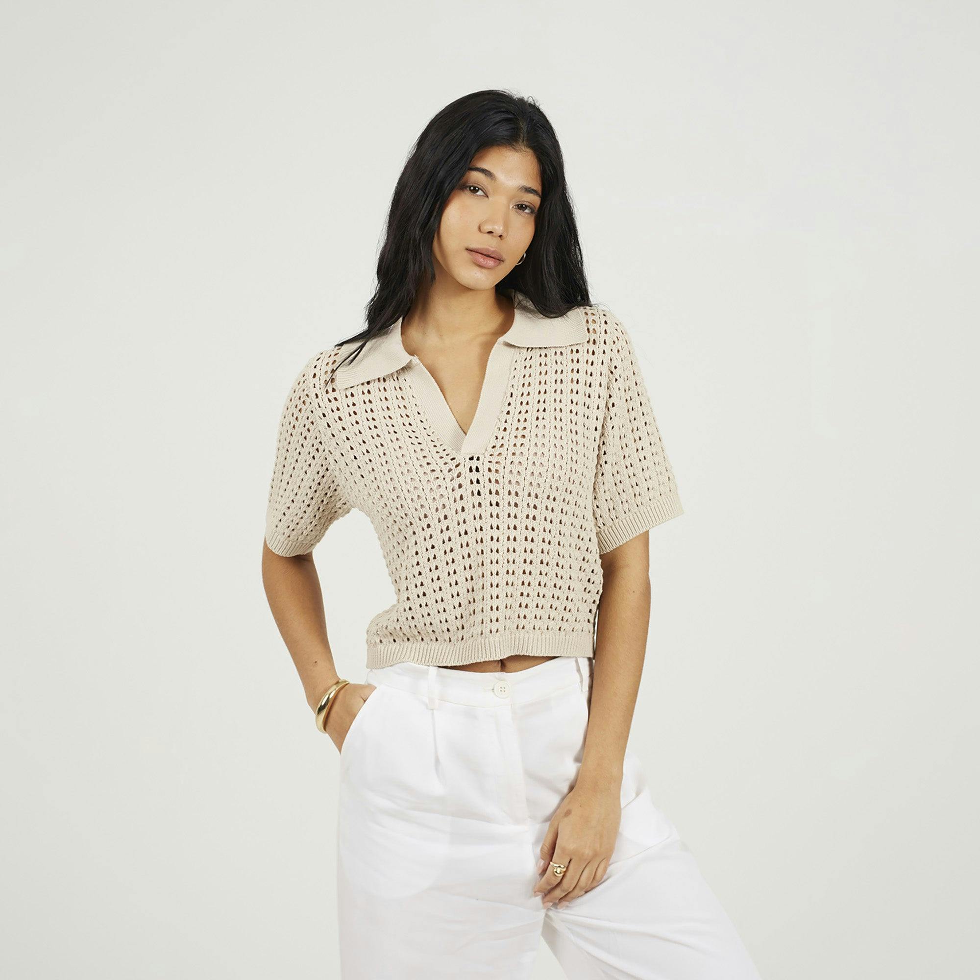 Brave Soul Pointelle Knit Collared T-Shirt - Stone - Stone - Xs