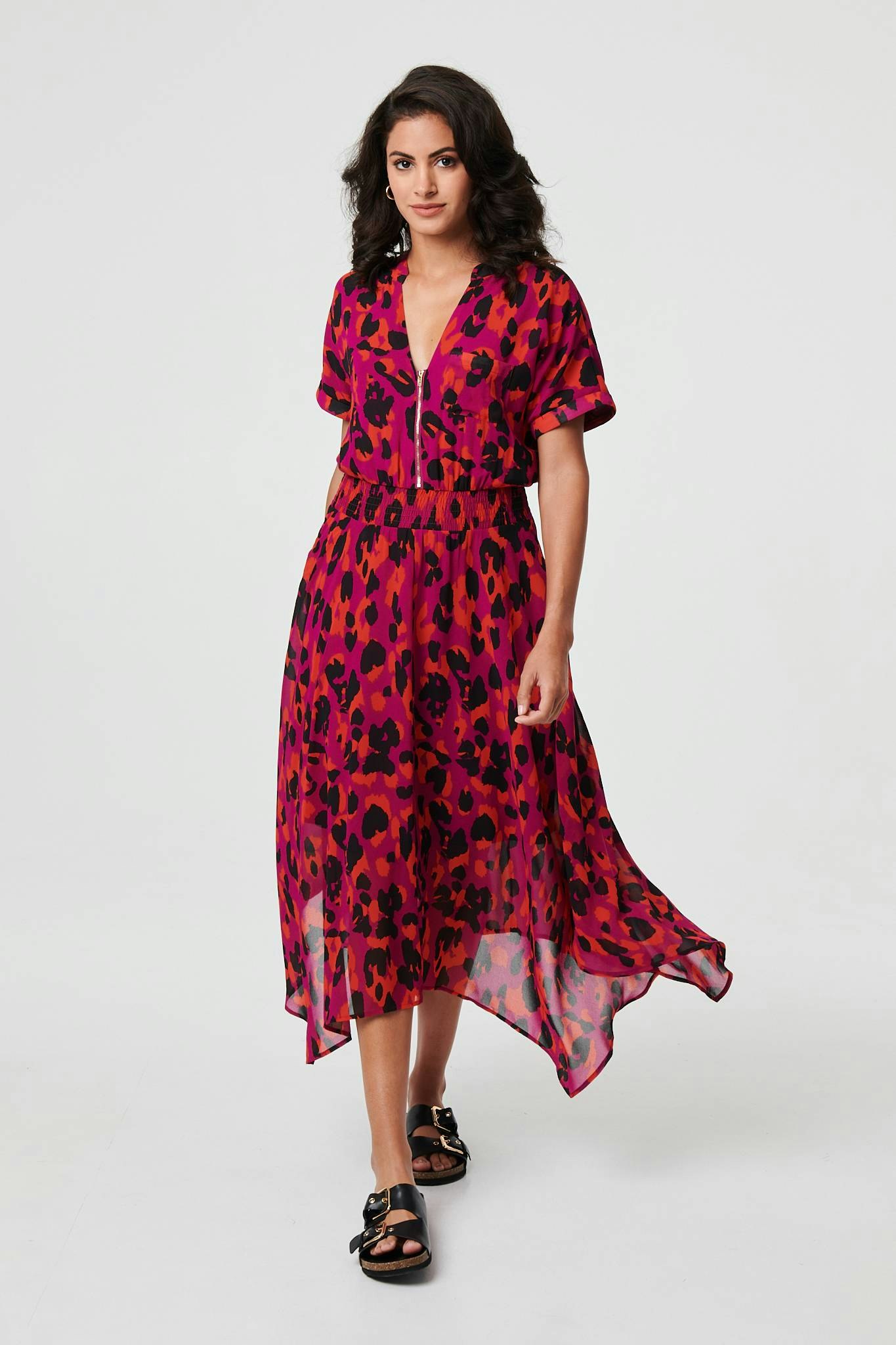 Izabel London Purple Animal Print Zip Hanky Hem Midi Dress - 12