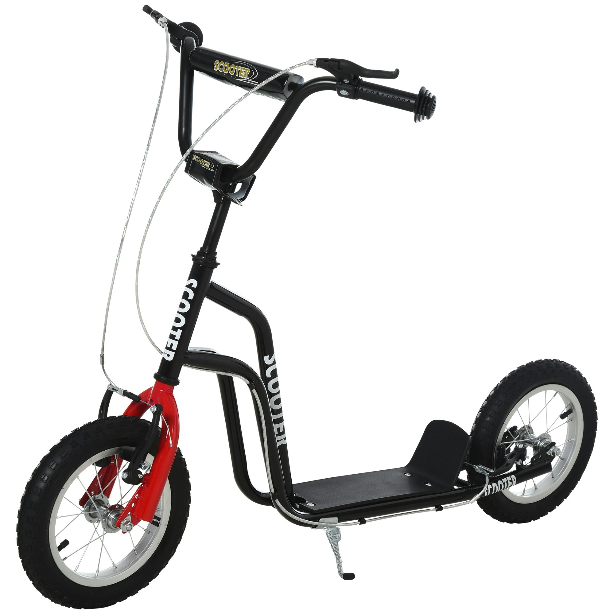 Homcom Black Stunt Scooter, Kids Scooter, 12'' Rubber Tyre Kick Scooter With Adjustable Handlebar, Dual Brakes - Bicycle Scooter Size 12