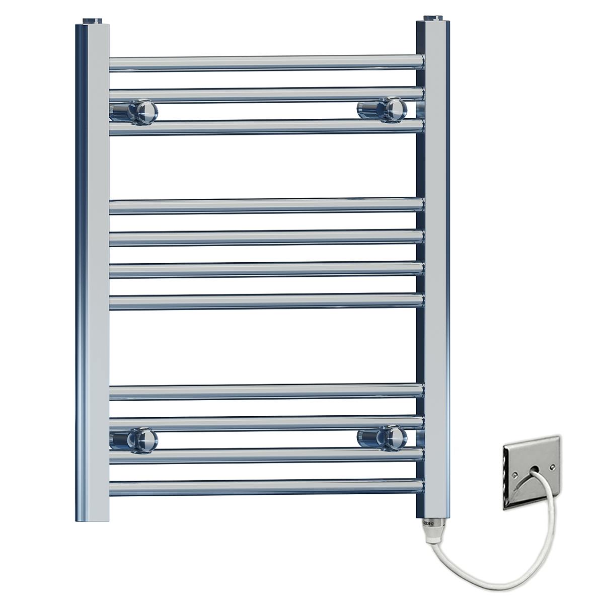 Rackhams White 500X600mm Chrome Flat Electric Pre-Filled Towel Rail Radiator For Designer Bathroom Standard Element