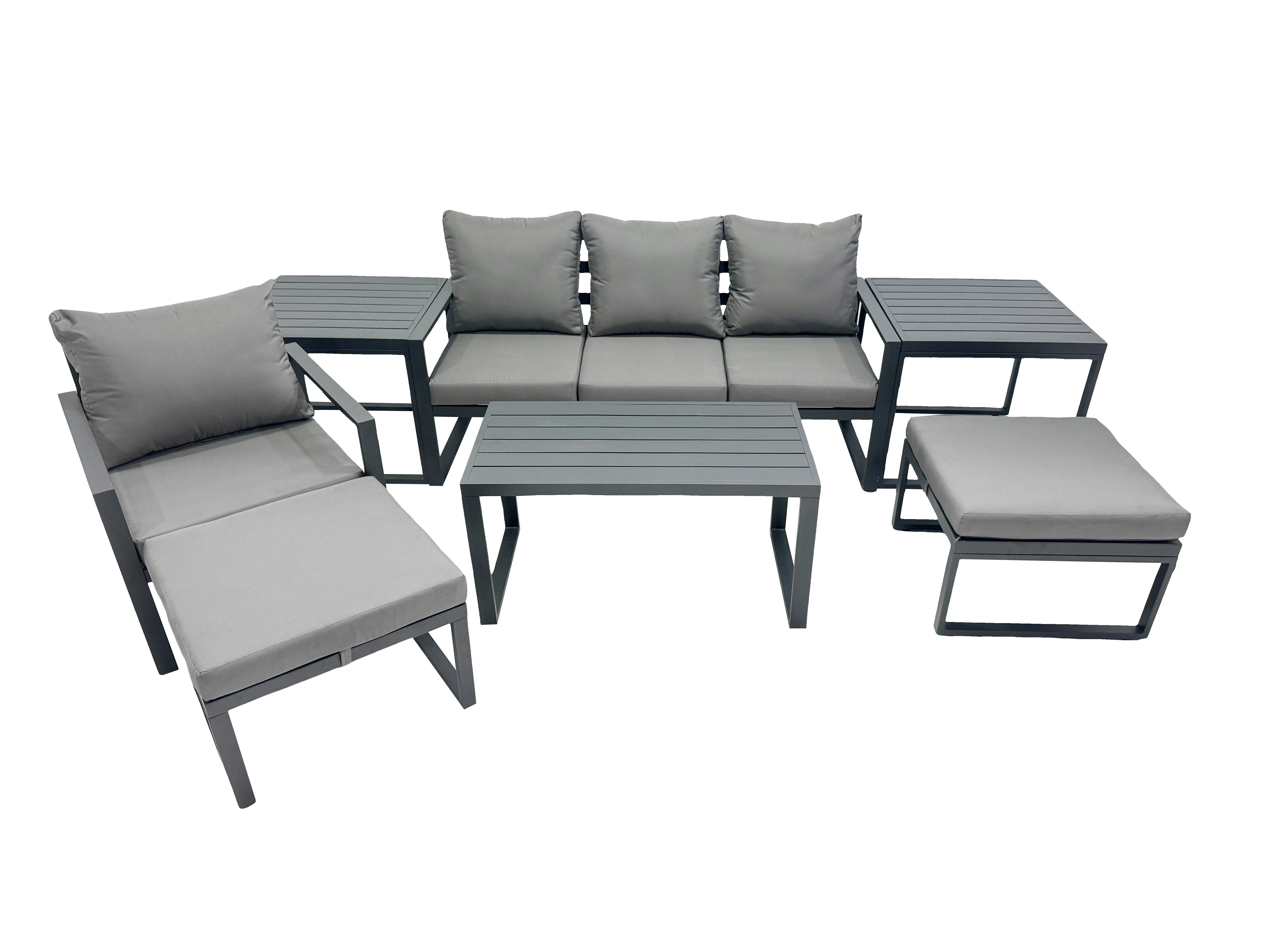 Fimous Dark/Grey 6 Seat Outdoor Garden Furniture Set Aluminium Lounge 3 Seat Sofa Oblong Coffee Table Sets With Chair 2 Big Stools 2 Side Tables