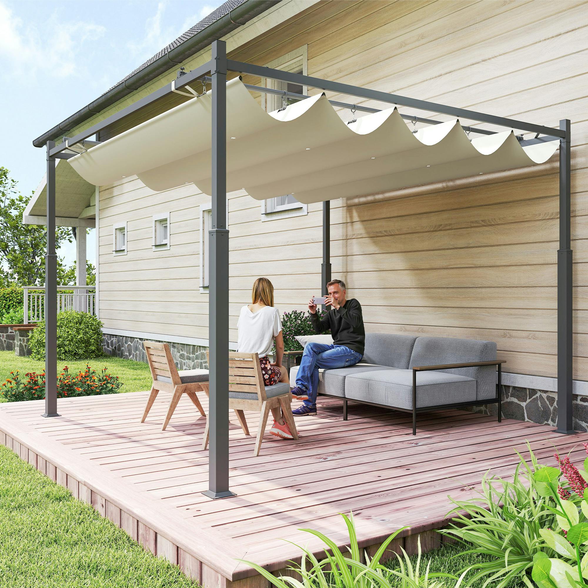 Outsunny White/Cream 3 X 3(M) Pergola With Retractable Roof, 80Mm Metal Column, - Metal, 180G Polyester Fabric - 298L X 298W X 230Hcm