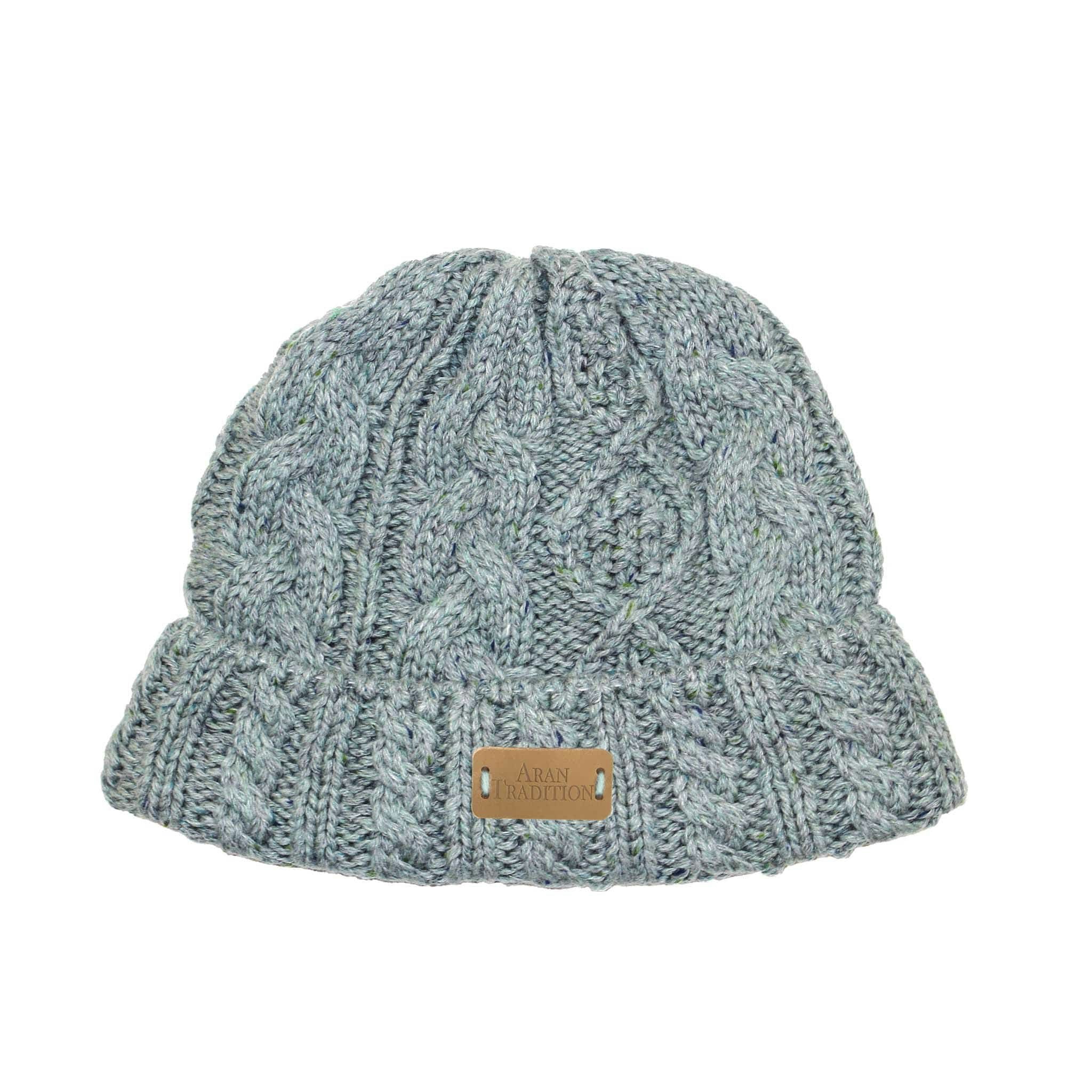 Aran Traditions Green Aran Donegal Cable Turn Up Beanie Hat - Jade