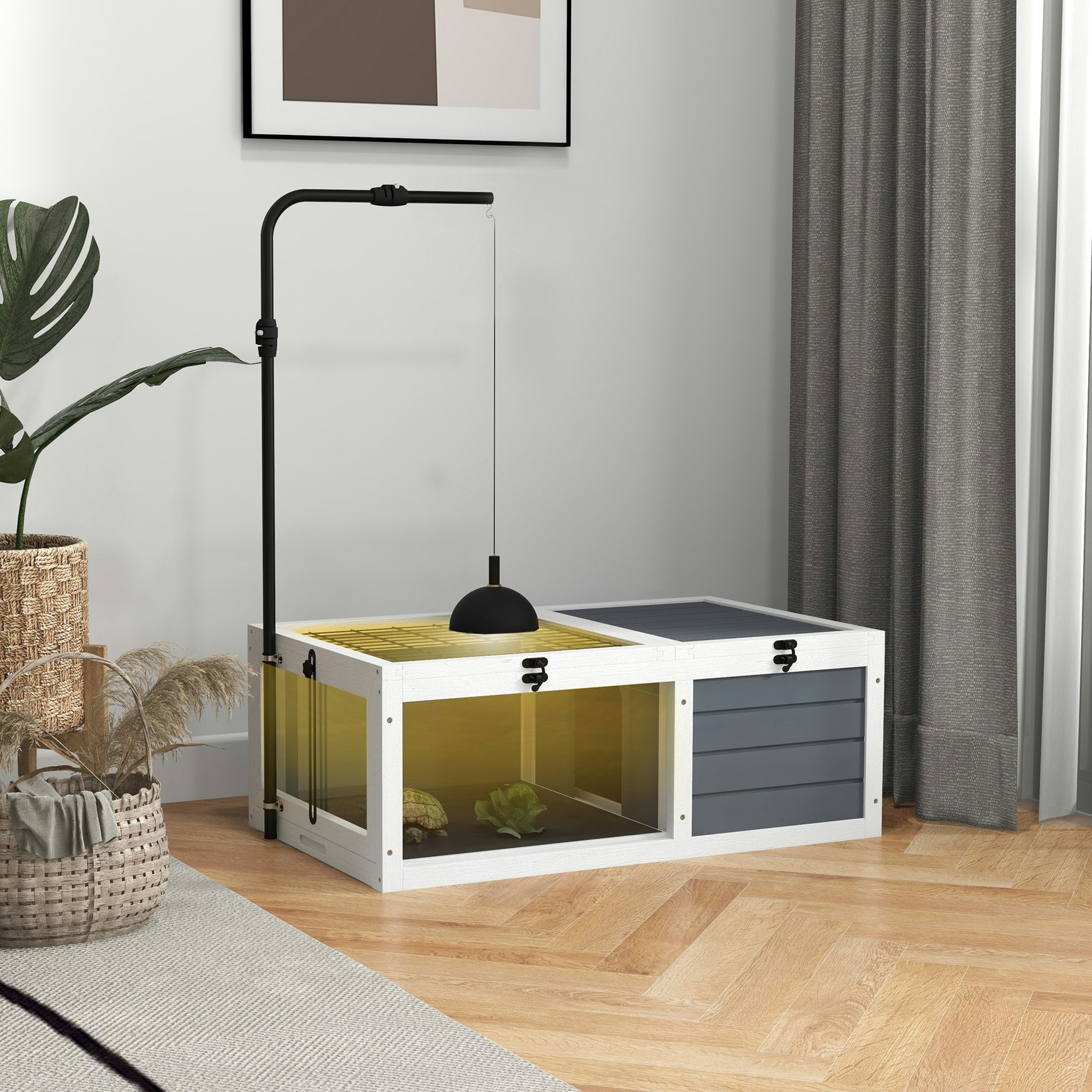 Pawhut Grey Tortoise House, Wooden Tortoise Table W/ Adjustable Lamp Holder