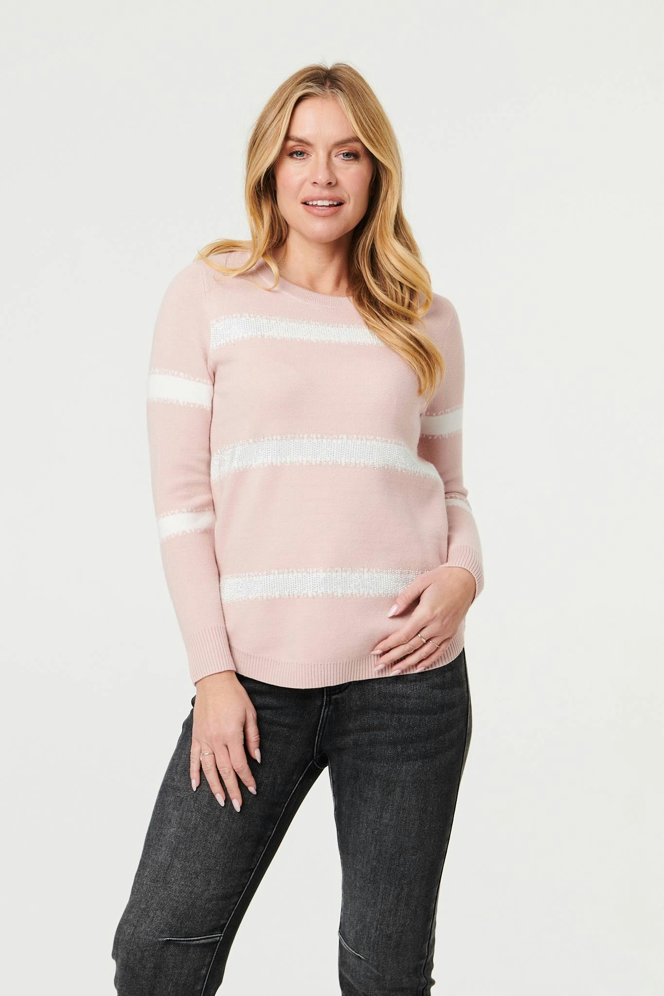 Izabel London Pink Sparkle Striped Long Sleeve Slim Jumper - 14