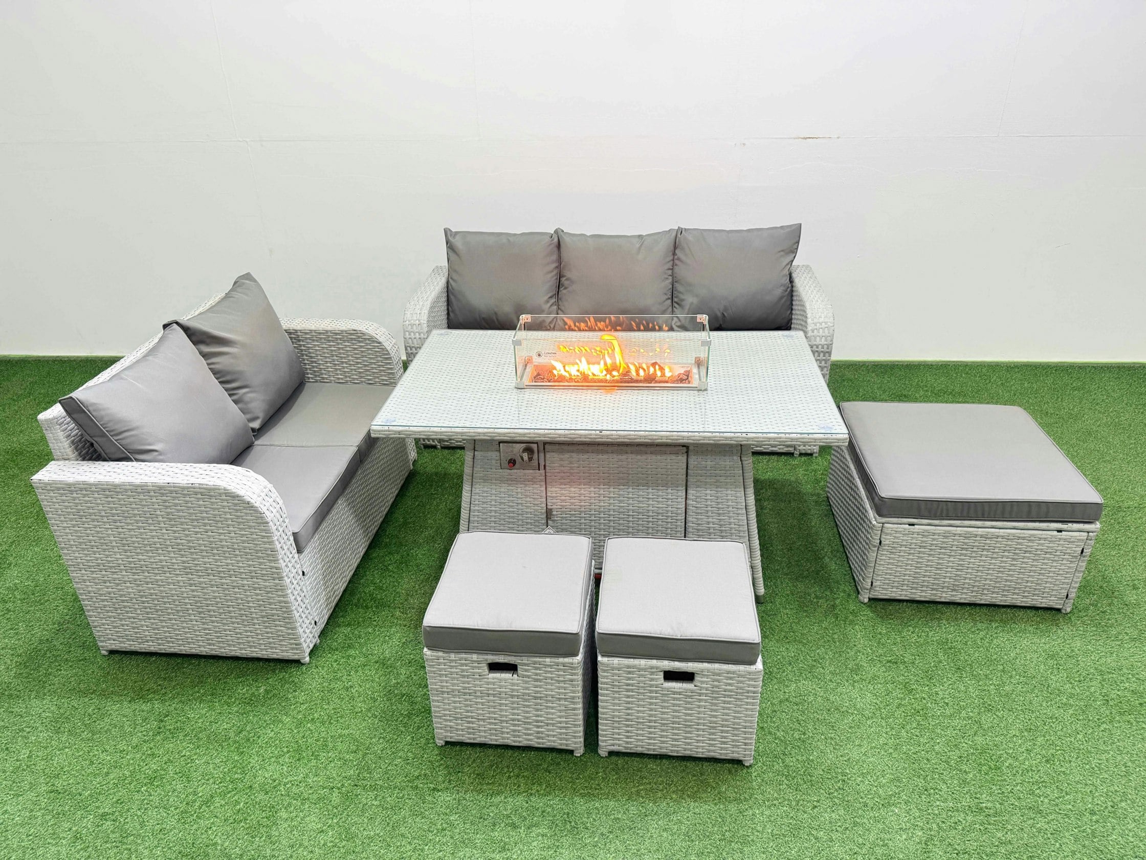 Rackhams Light/Grey/Dark 8 Seater Pe Rattan Wicker Garden Furniture Patio Conservatory Sofa Set With Fire Pit Dining Table 3 Seater Sofa Love Sofa 3 Stool