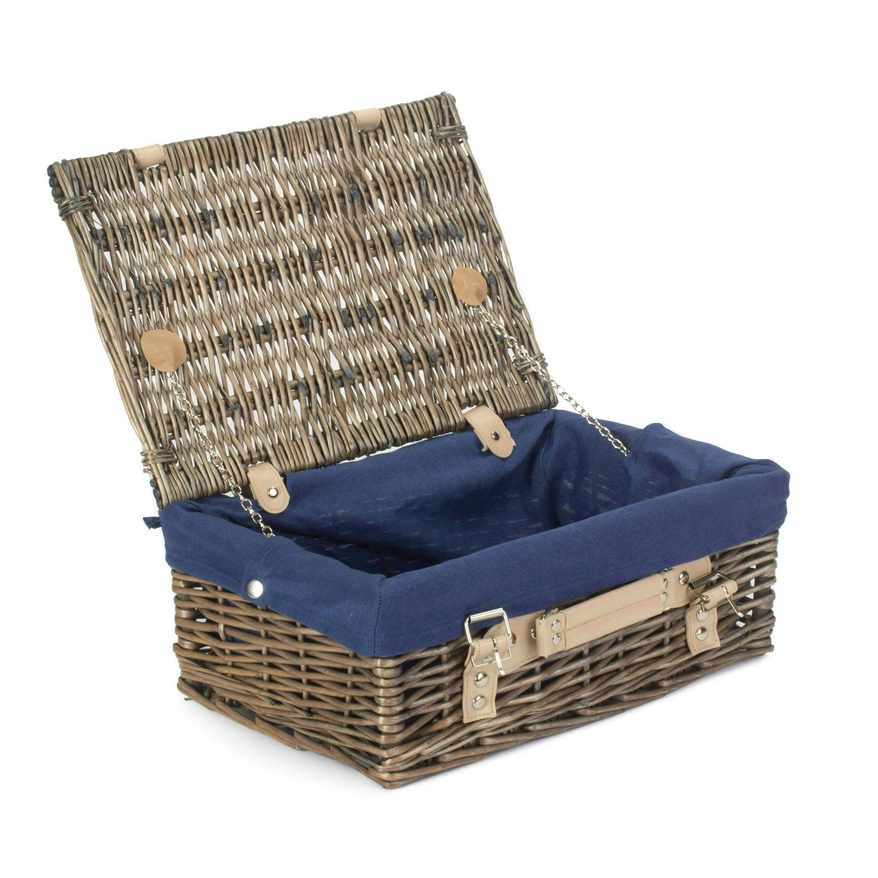 Rackhams Blue 36Cm Antique Wash Wicker Picnic Basket With Cotton Lining