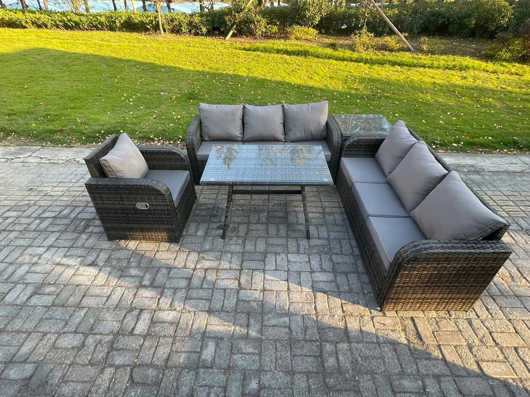 Rackhams Dark/Grey Outdoor Lounge Sofa Set Wicker Pe Rattan Garden Furniture Set With Rectangular Dining Table Reclining Chair Side Table Mixed