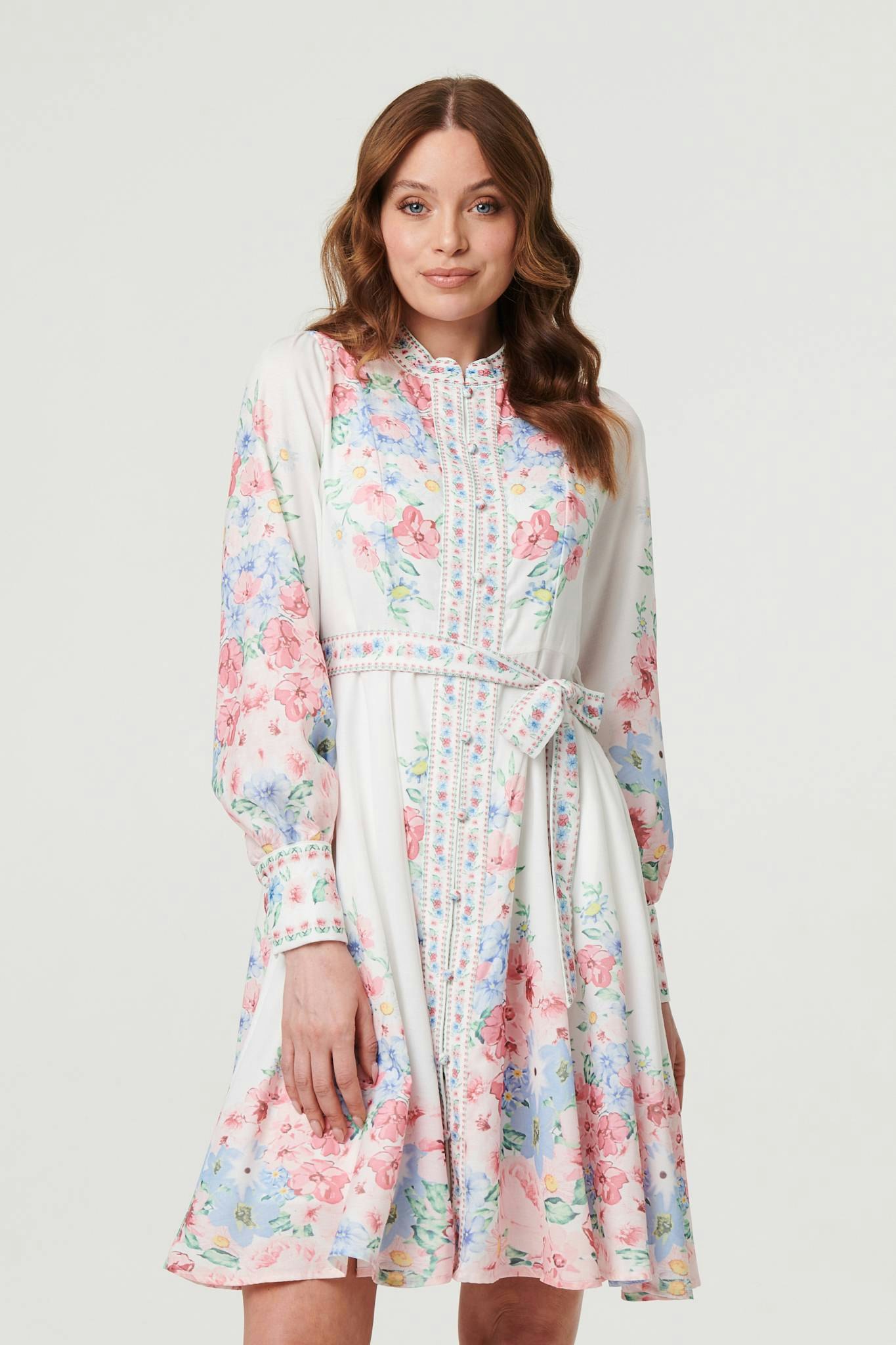 Izabel London White Floral Border Print Short Skater Dress - 10