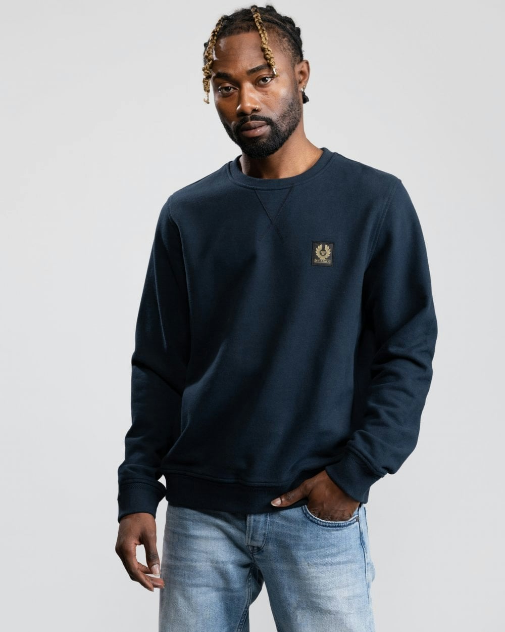 Belstaff Men's Dark Crew Neck Sweatshirt With Logo Patch - Ink - Ink - S