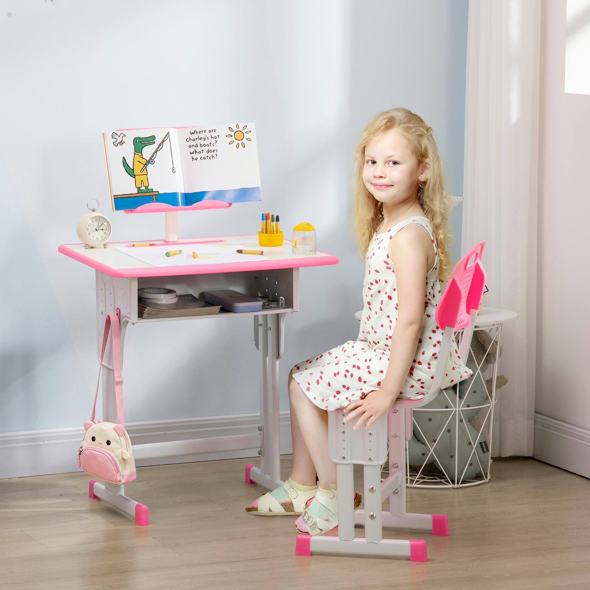 Rackhams Pink Kids Desk And Chair Set Adjustable Height Study Table Set W/ Drawer, Book Stand, Pen Slot