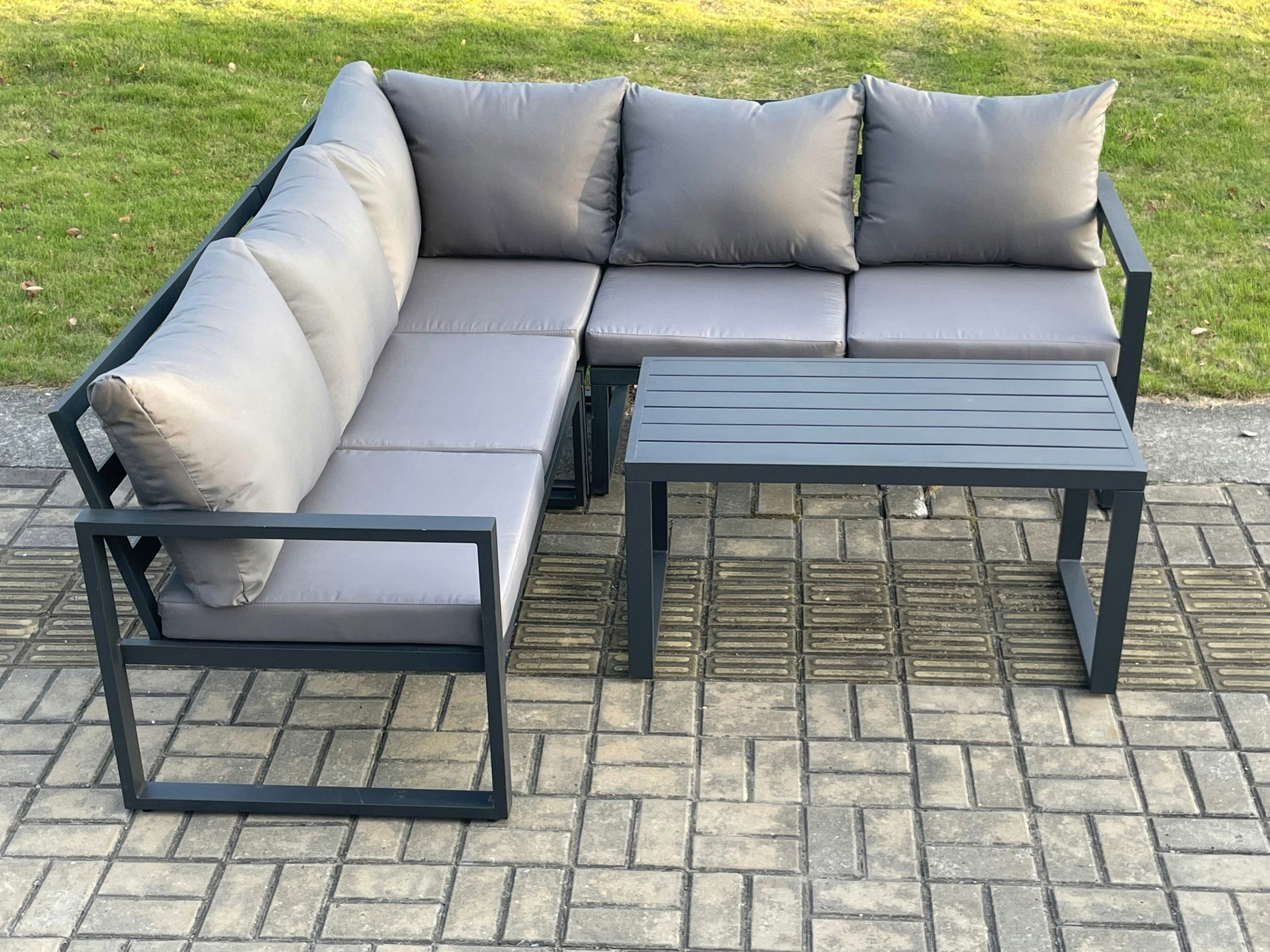 Fimous Dark/Grey Aluminium Outdoor Garden Furniture Set Lounge Sofa Oblong Coffee Table Sets Indoor Conservatory Set