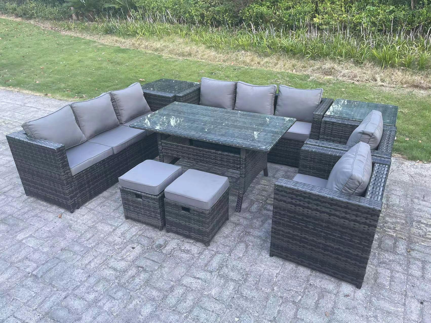 Rackhams Dark/Grey 10 Seater Wicker Rattan Garden Furniture Patio Set, Dining Table, Lounge Sofa, 2 Armchairs, 2 Side Tables, 2 Small Stools, Mixed