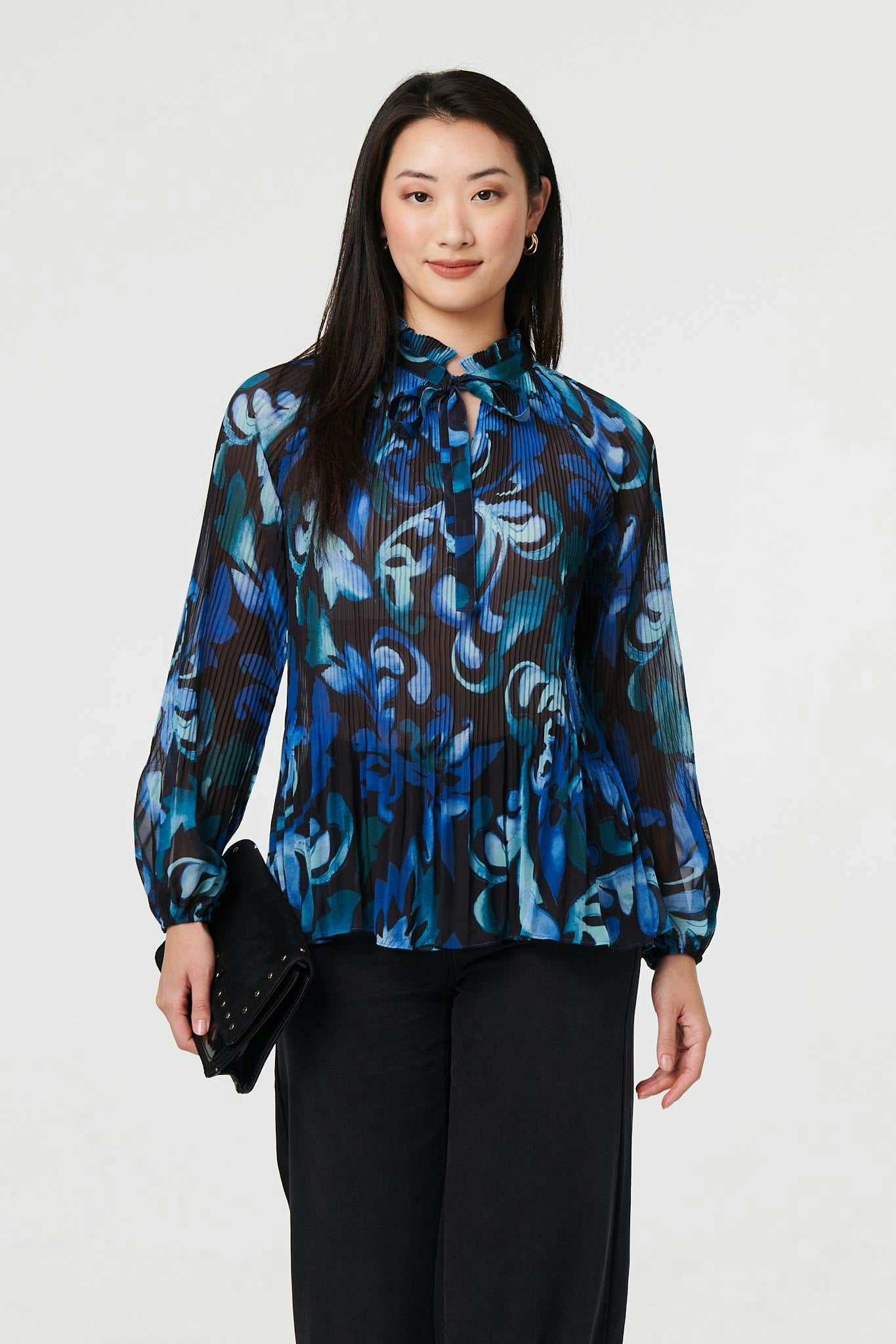 Izabel London Blue Printed Pleated Long Sleeve Tunic Blouse - 12