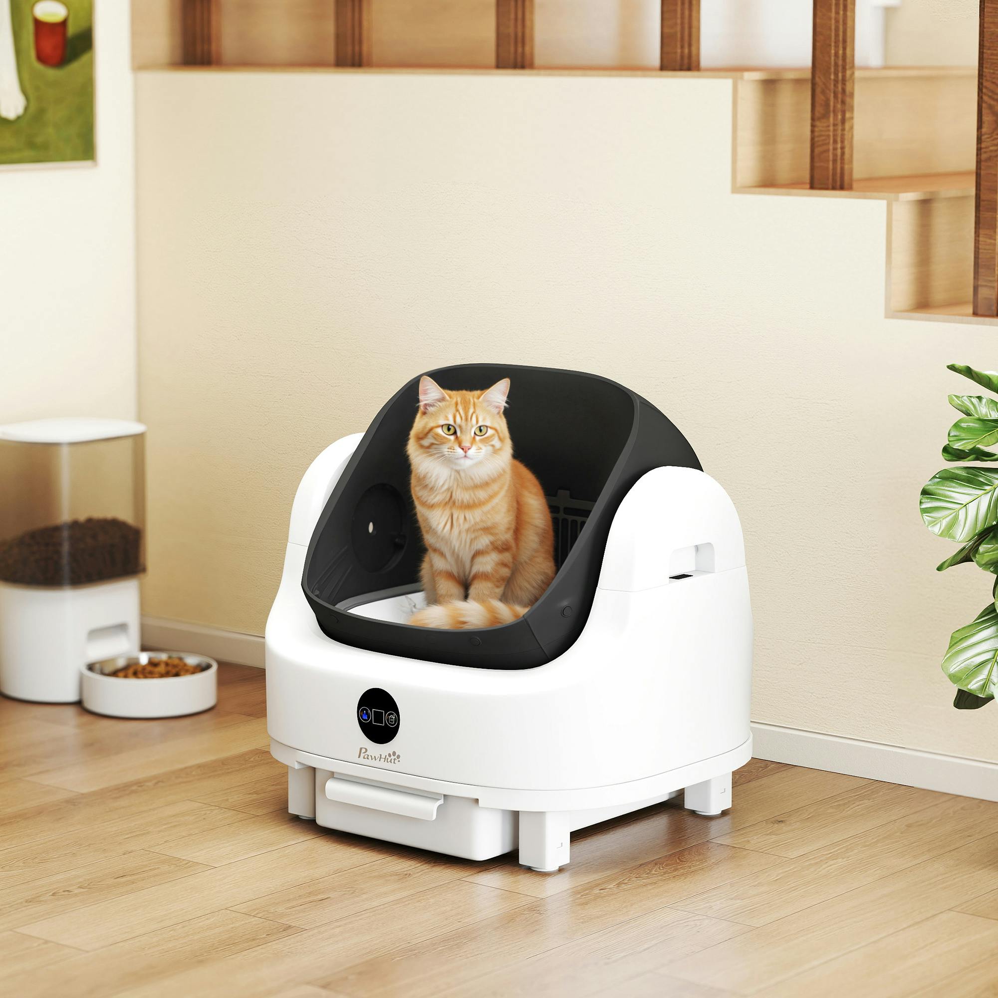 Pawhut White/Black Self Cleaning Cat Litter Tray With Integrated Security Protection