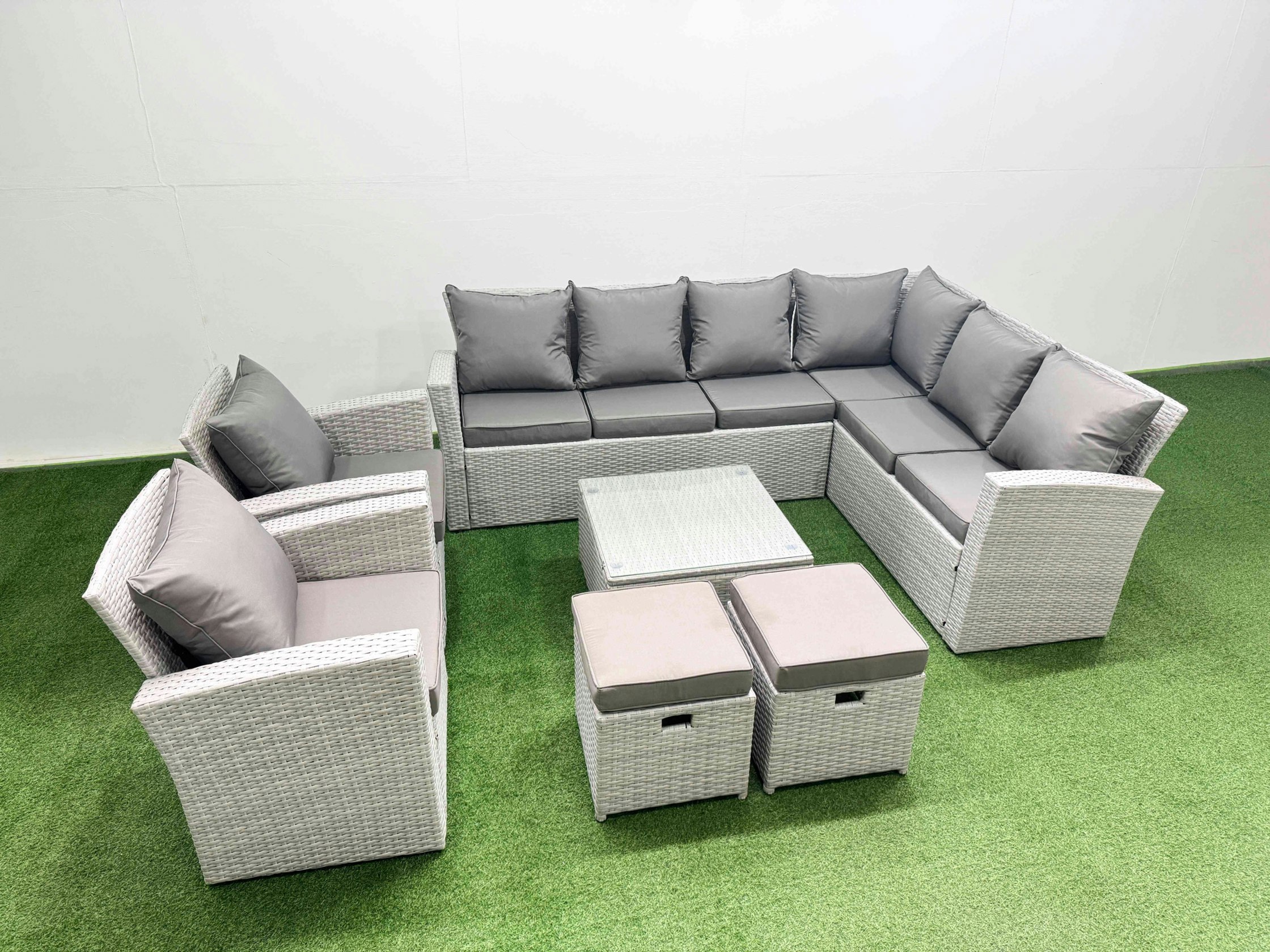 Rackhams Light/Grey Rattan Garden Outdoor Furniture Set 10 Seater Rattan Garden Sofa Set With 2 Armchairs 2 Small Footstools Mixed