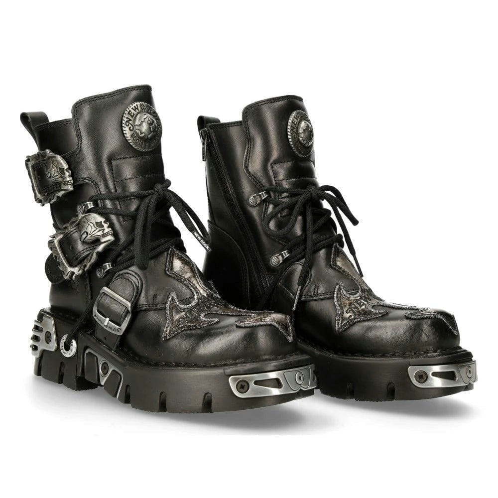 New Rock Men's Silver/Black 407-S1 Cross Reactor Sole Leather Ankle Boots Gothic - Eu 43