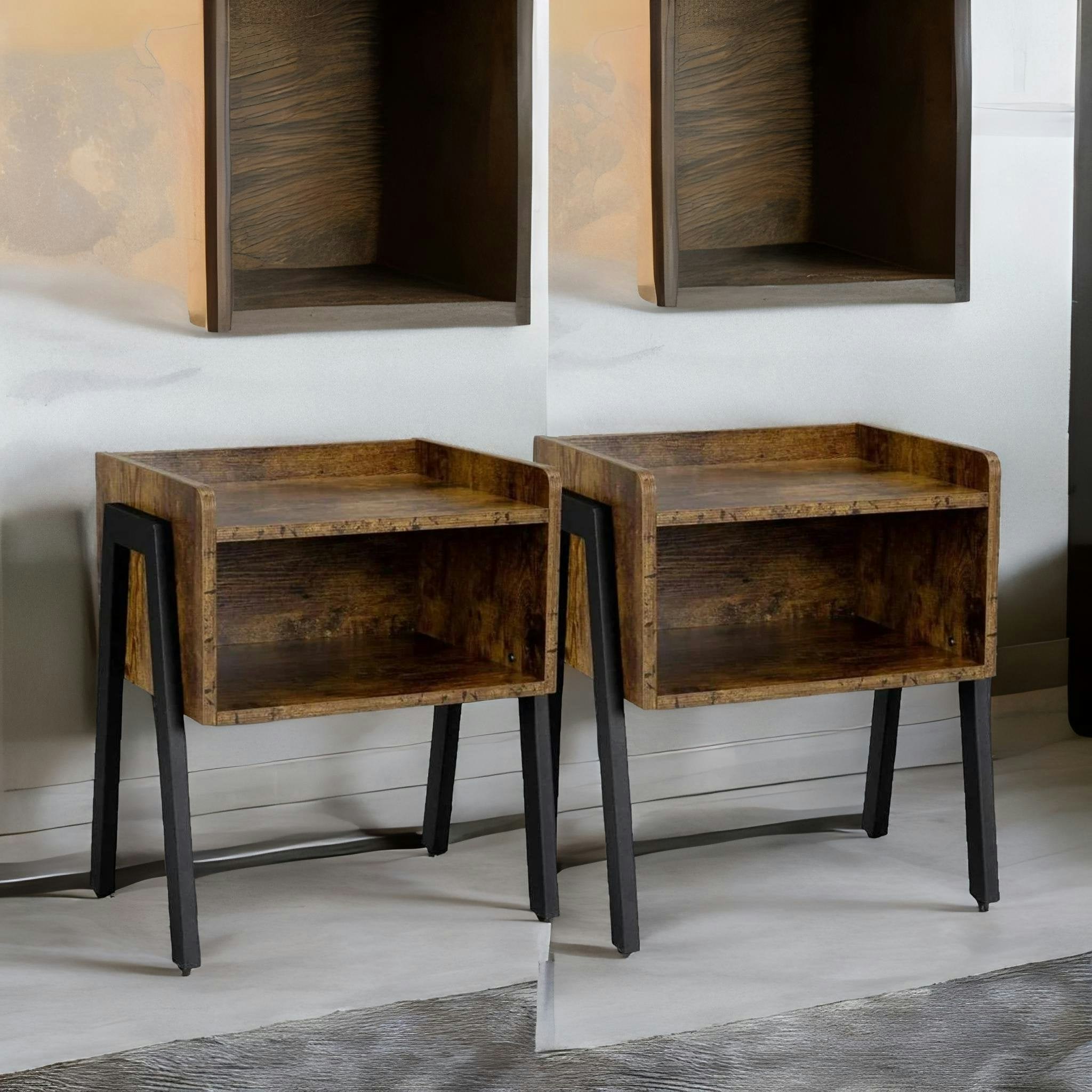 Rackhams Brown/Black Set Of 2 Rustic Stackable Bedside Tables