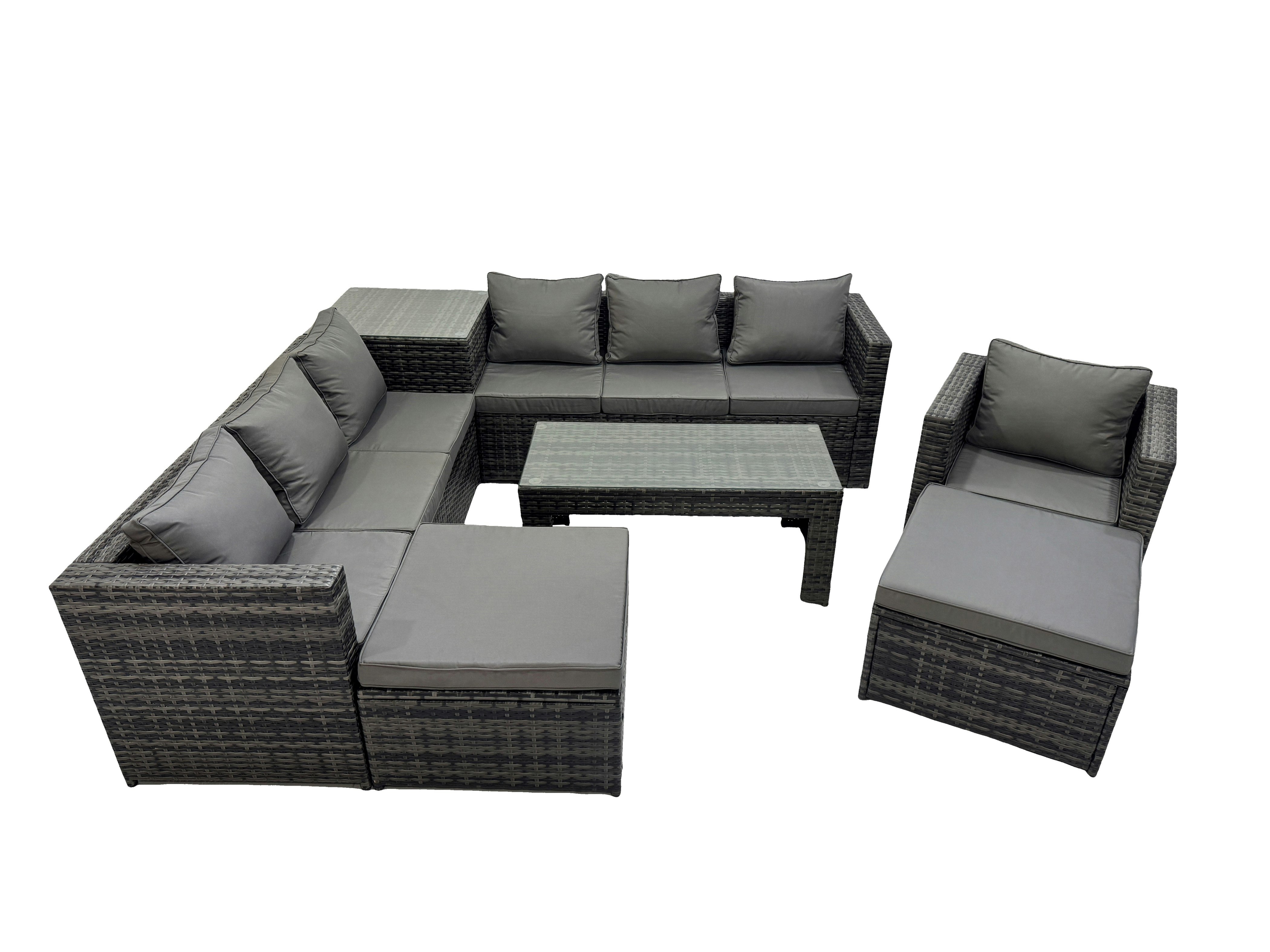 Fimous Dark/Grey Garden Rattan Outdoor Furniture Set 9 Seater Patio Corner Sofa Oblong Coffee Table With Chair 2 Big Stool Side Table