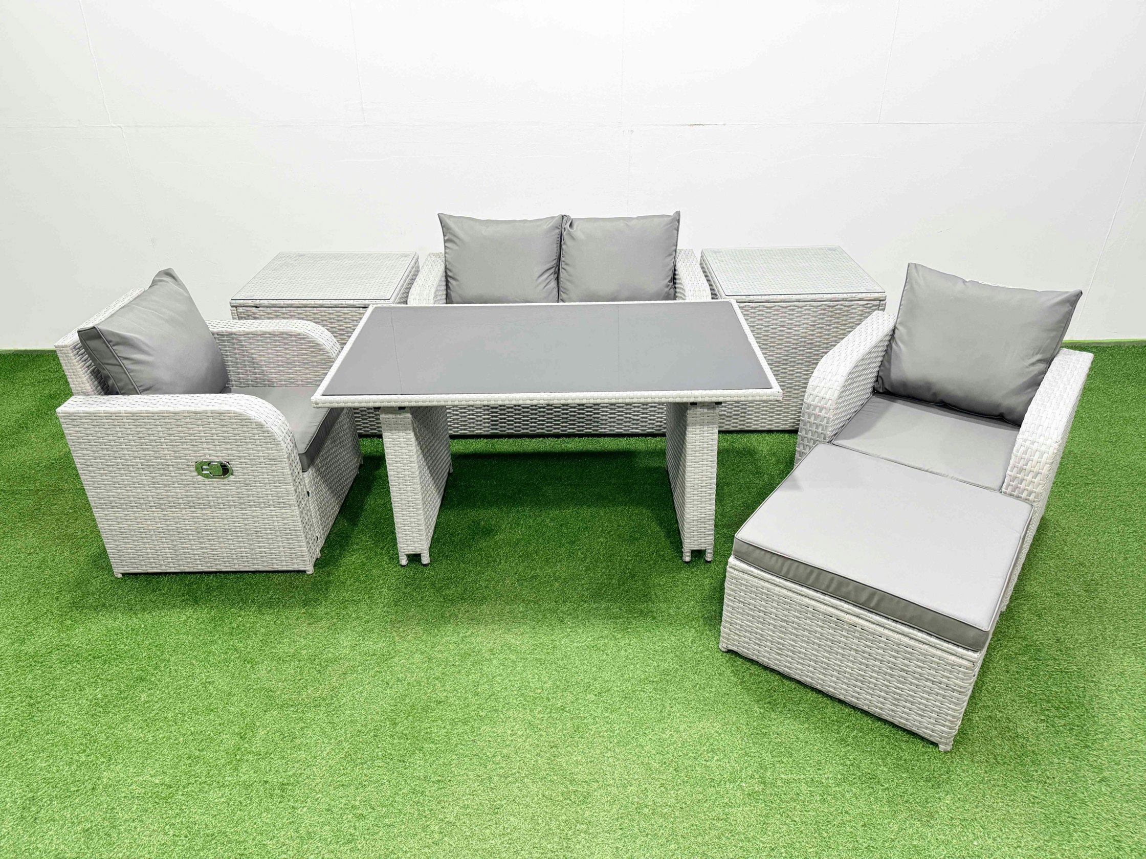 Fimous Outdoor Rattan Garden Furniture Dining Set 5 Seater Patio Rectangular Table Love Sofa Reclining Chair Set With 2 Side Tables Big Stool