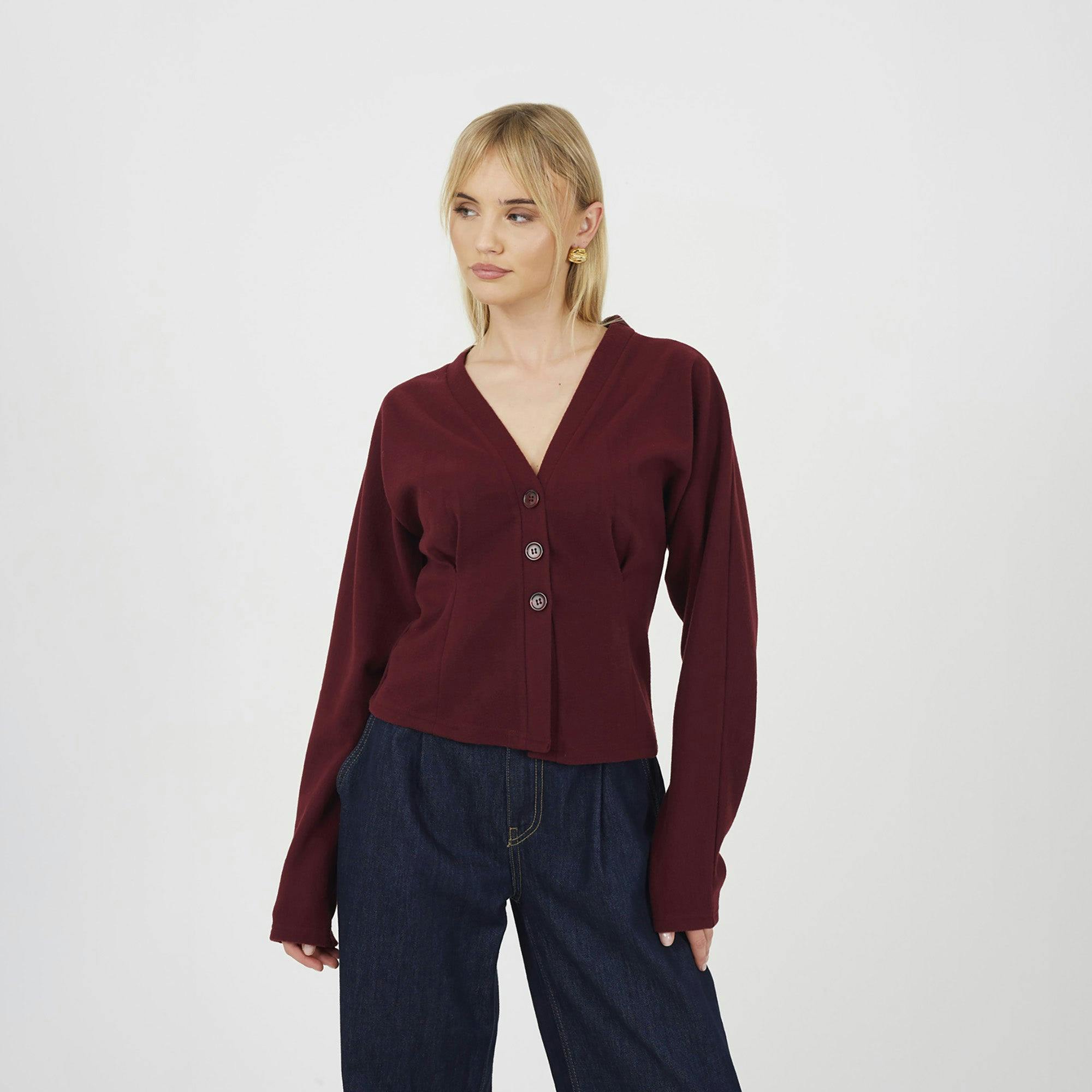 Brave Soul Women's Long Sleeve Button Down Top With Pleats in Burgundy | Size: Medium - Image 3