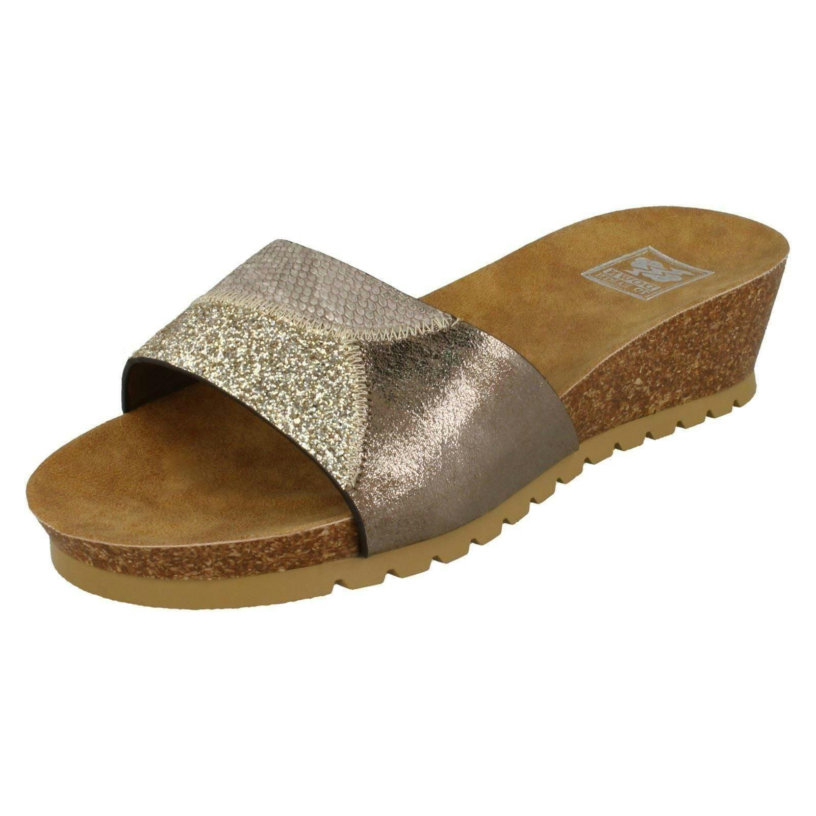 Down To Earth Women's Gold Mid Cork Wedge Sandals - Uk 8